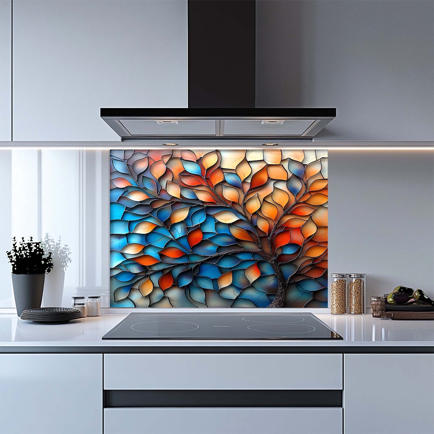 Kitchen with a colorful glass splashback panel above a stove.