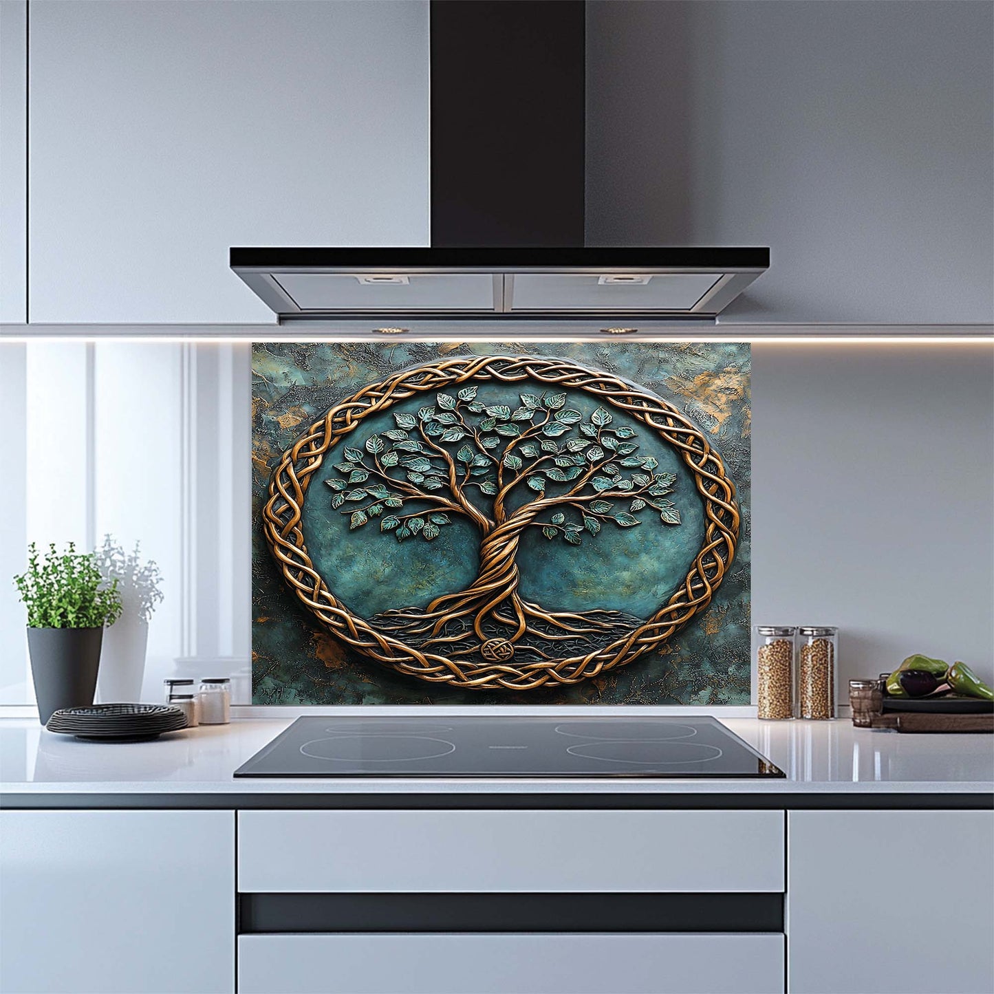 Decorative kitchen backsplash with tree design in a modern kitchen.