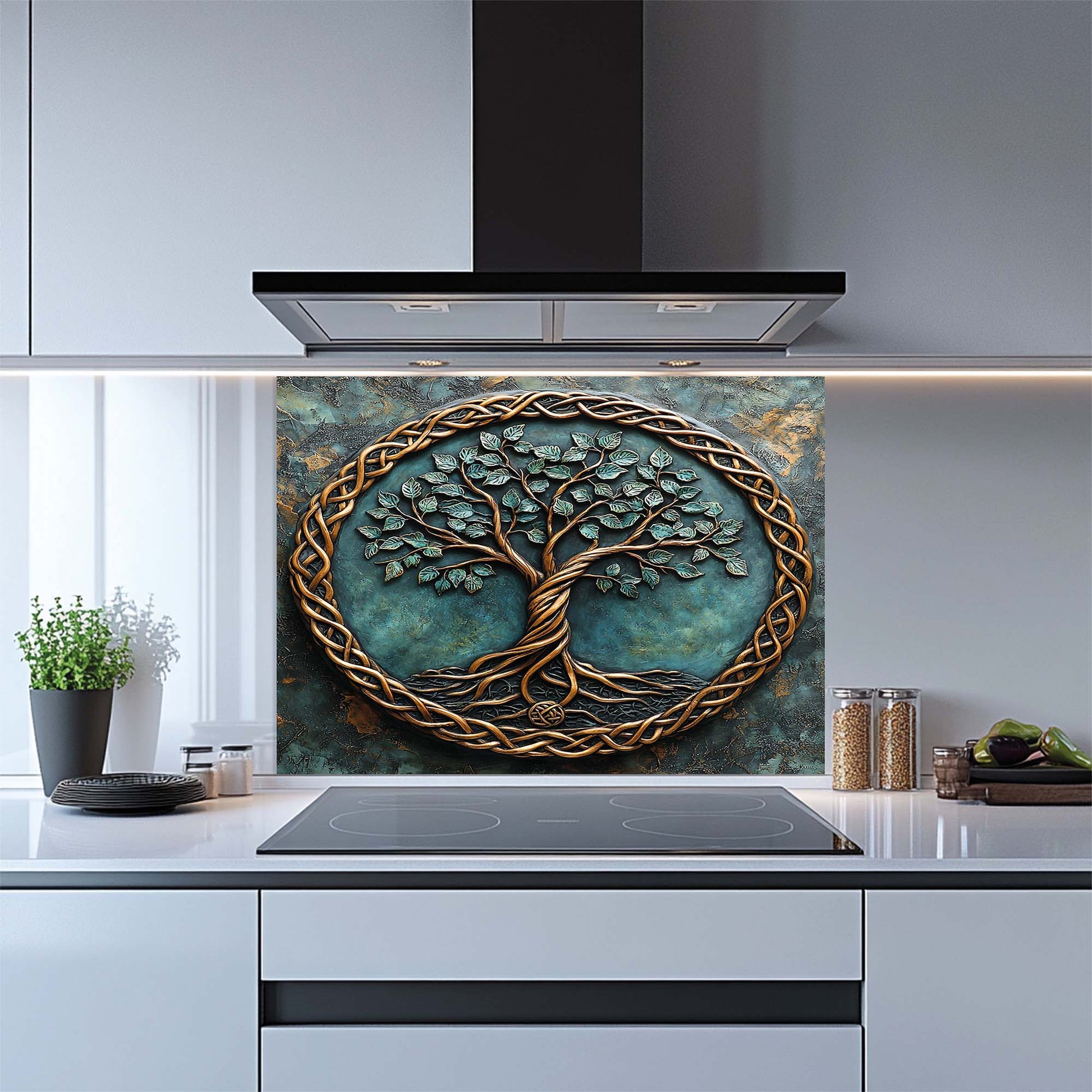 Decorative kitchen backsplash with tree design in a modern kitchen.