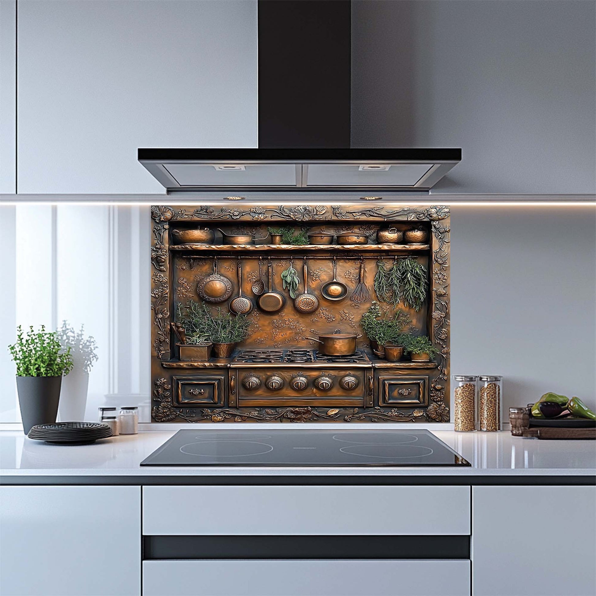 Modern kitchen with decorative glass backsplash featuring copper pots and pans.