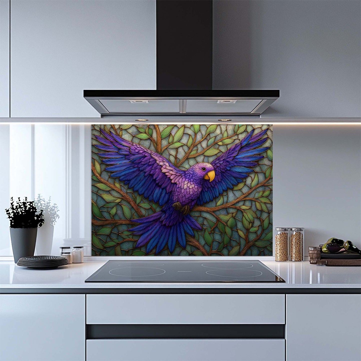 Kitchen with a colorful parrot design on a glass splashback above a stove.