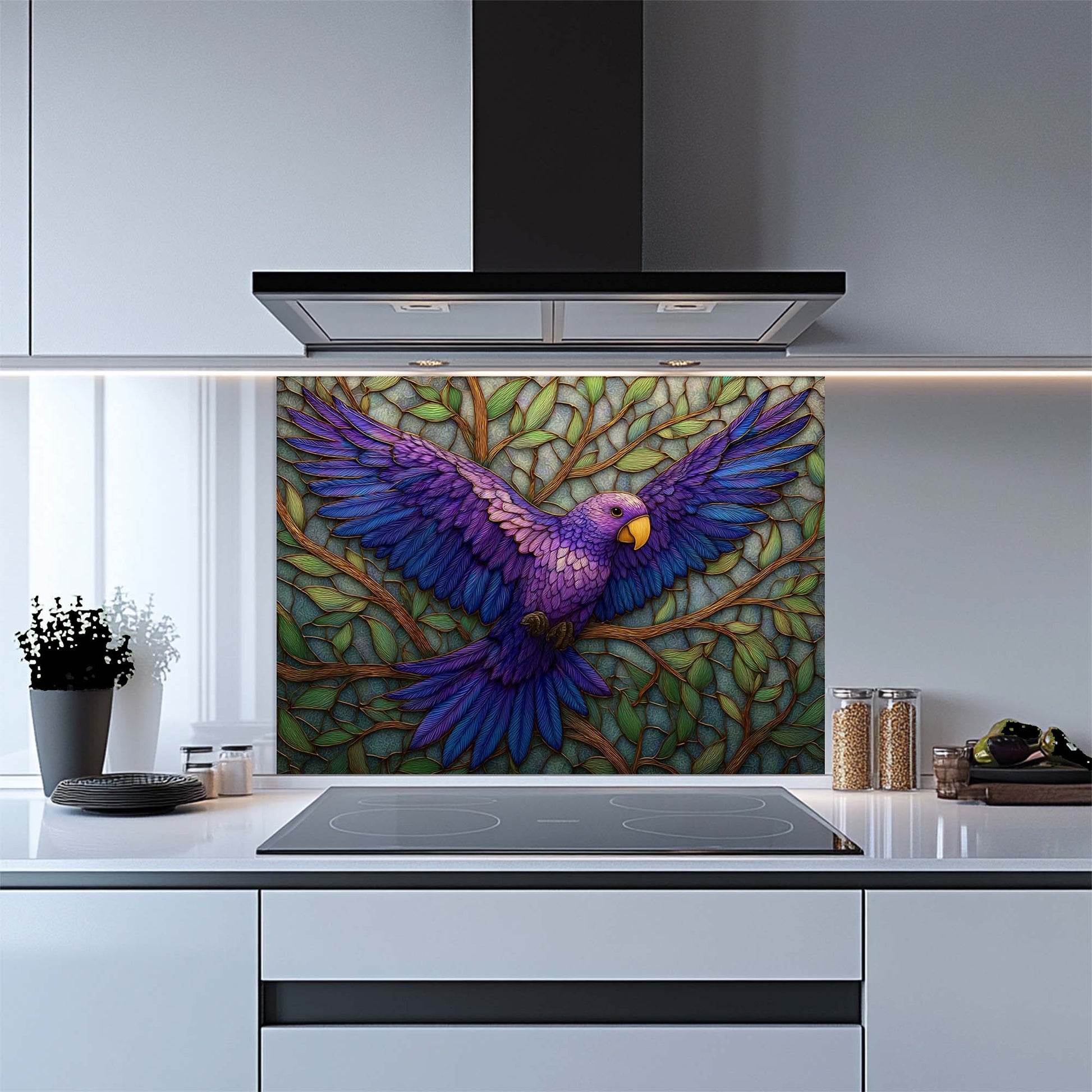 Kitchen with a colorful parrot design on a glass splashback above a stove.