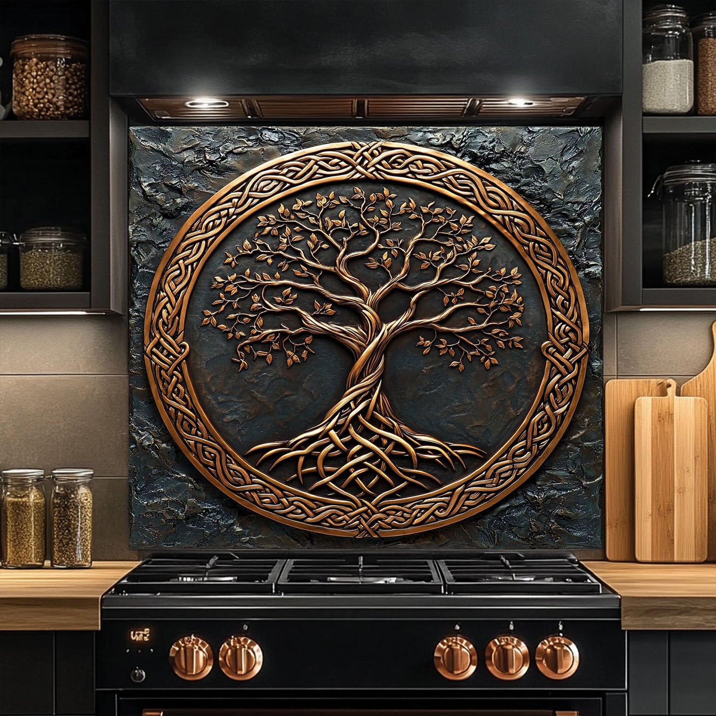 Decorative backsplash with a tree design above a kitchen stove.