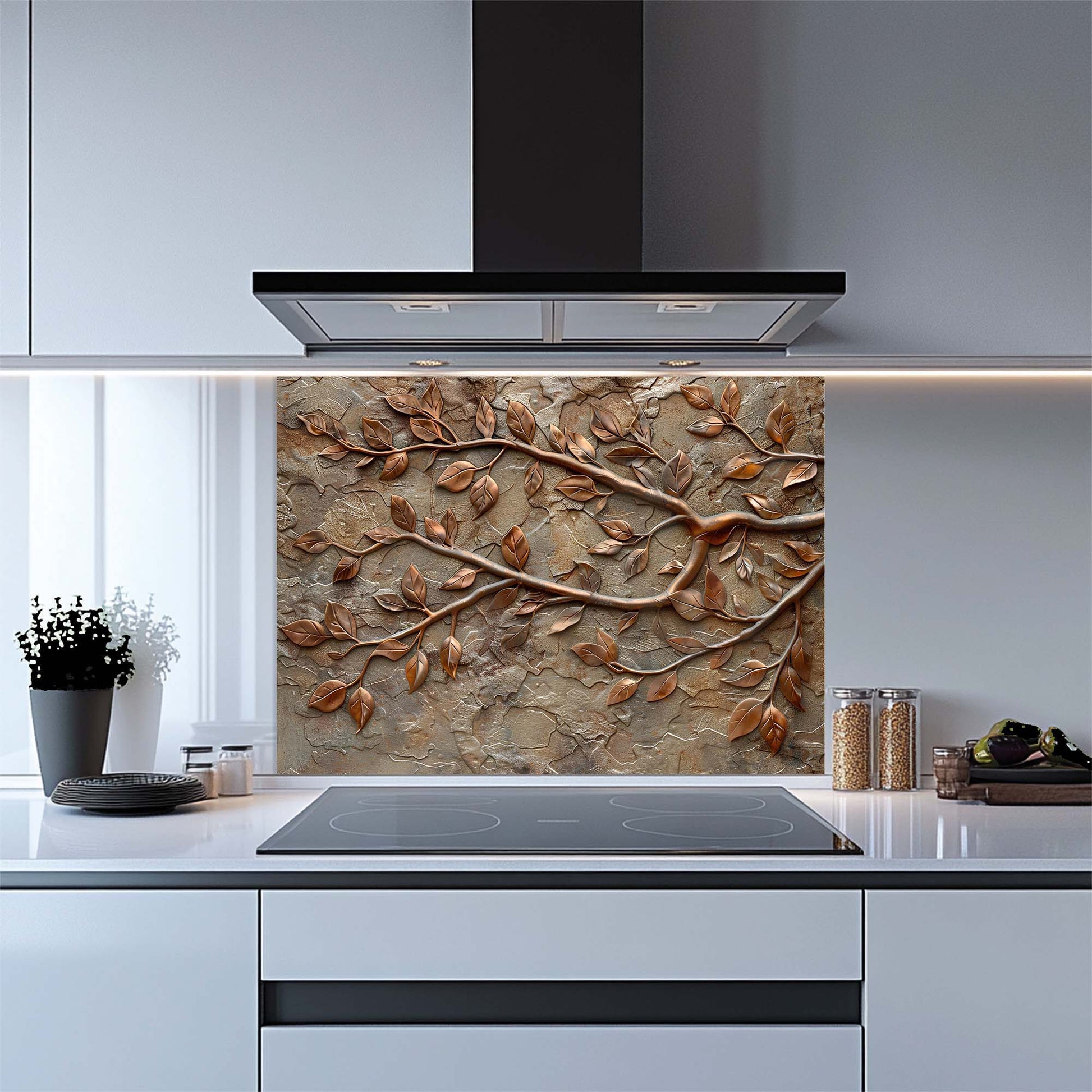 Kitchen with a decorative glass backsplash featuring branches and leaves.