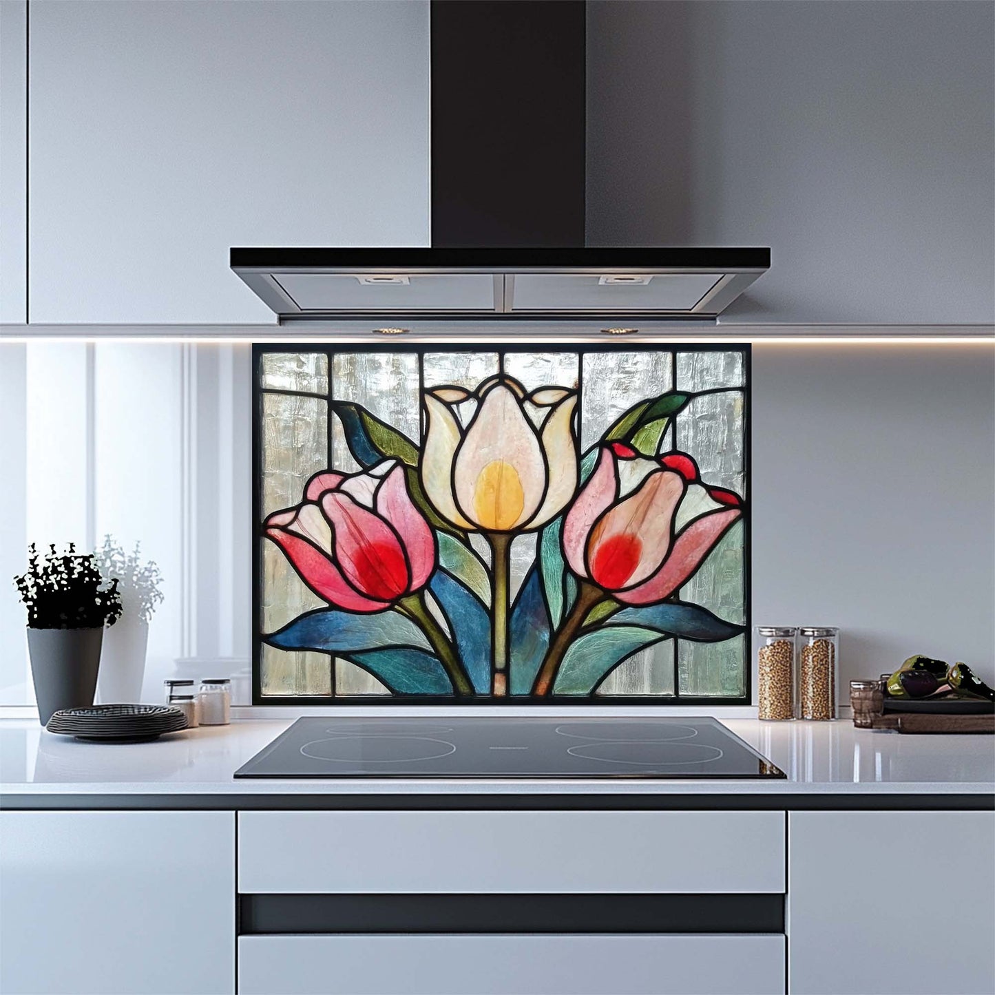 Kitchen with a decorative glass backsplash featuring tulips.