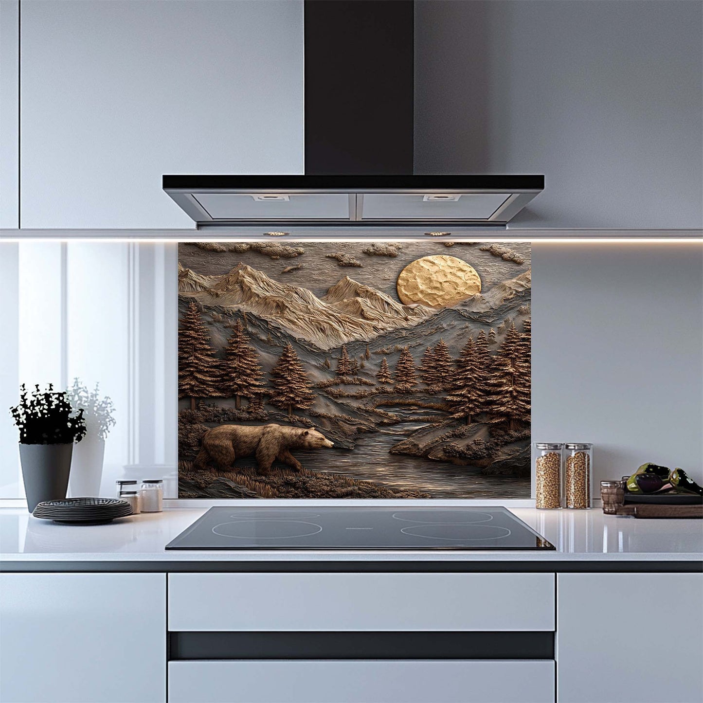 Kitchen with a decorative glass splashback featuring a bear and mountain scene.