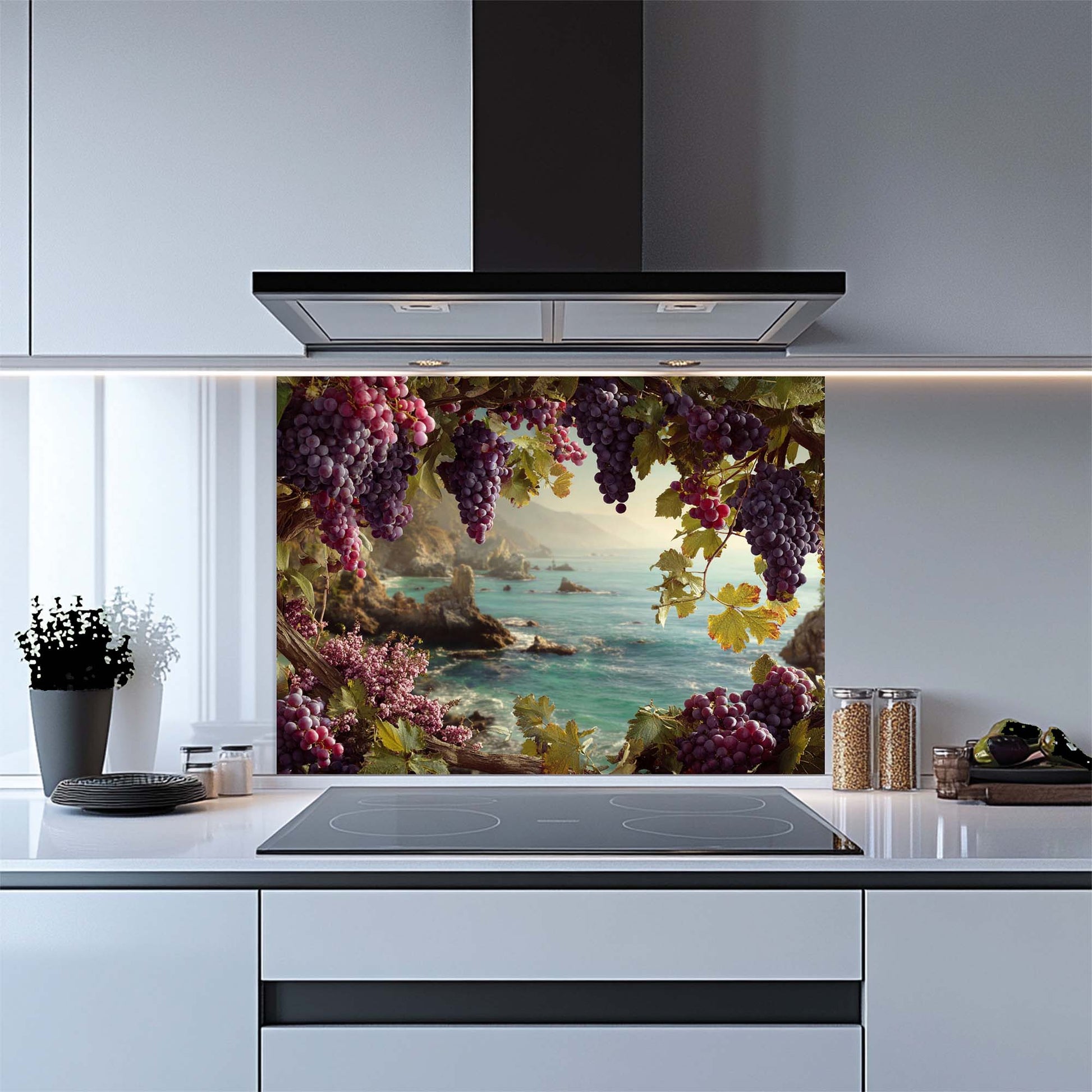 Mediterranean grapevine tempered glass backsplash with ocean view. Elegant stove panel for rustic or vineyard-style kitchens. Heat and stain-resistant.