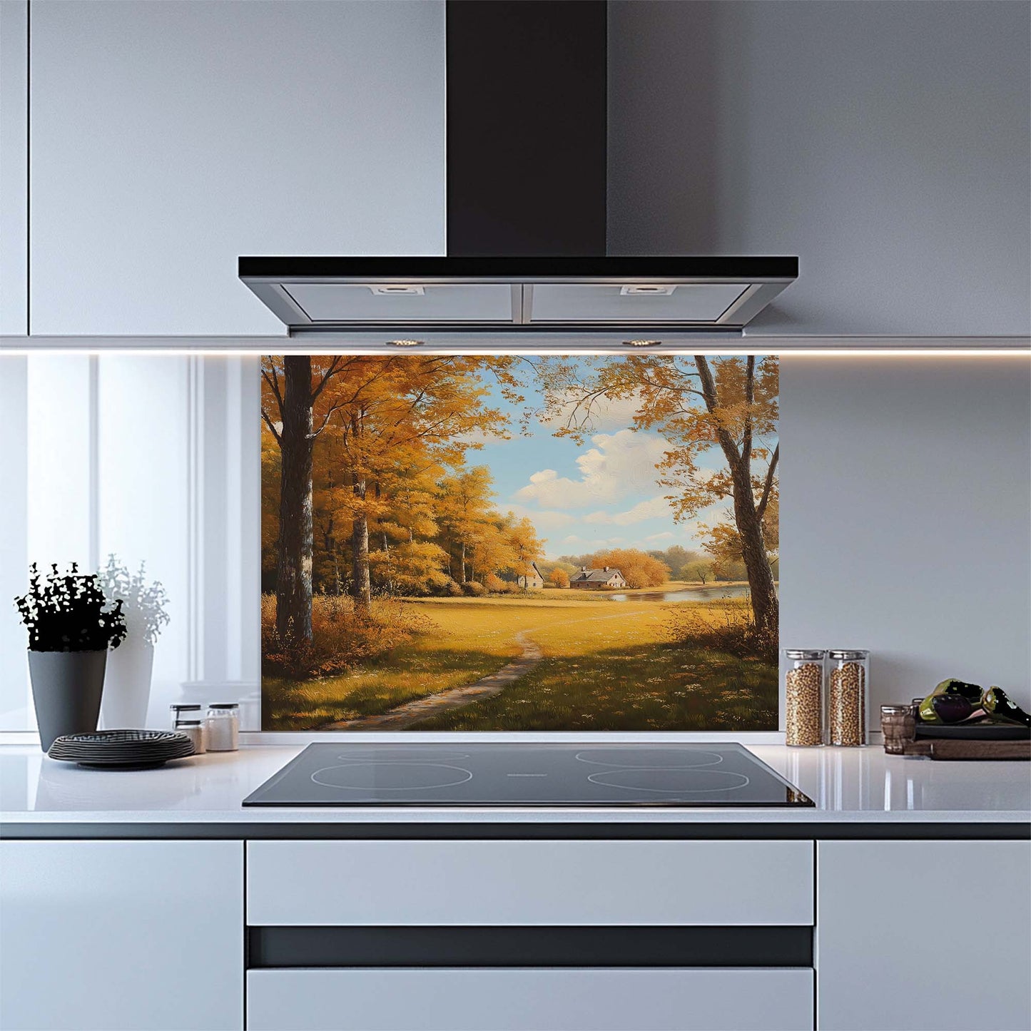 Golden forest landscape with cottage printed on tempered glass backsplash. Perfect for cozy fall-inspired kitchens.