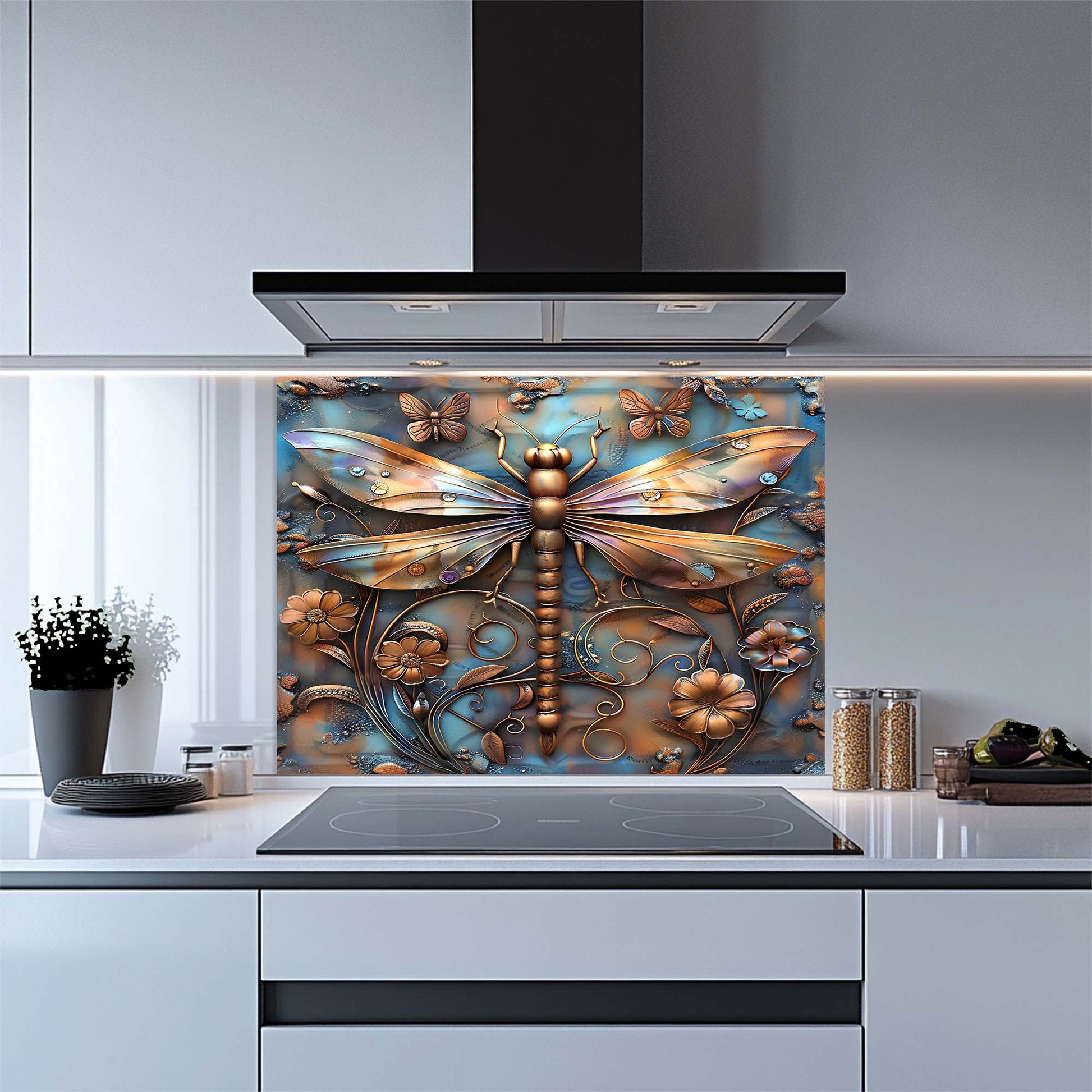 Decorative kitchen glass backsplash with a dragonfly design in a modern kitchen.