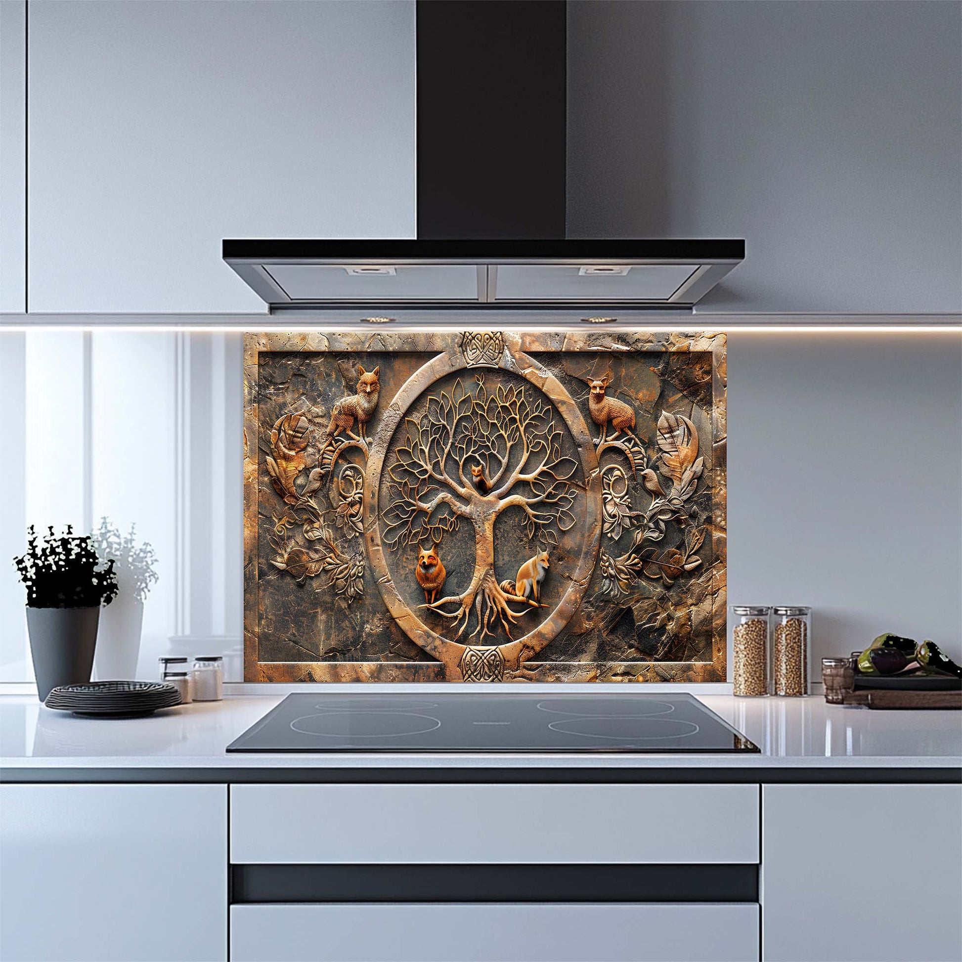 Decorative glass backsplash with a tree design on a kitchen backsplash.