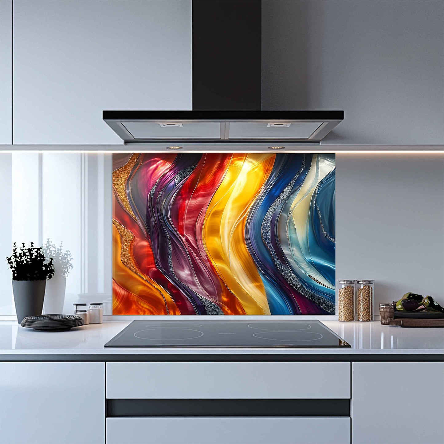 Modern kitchen with a colorful glass splashback panel.
