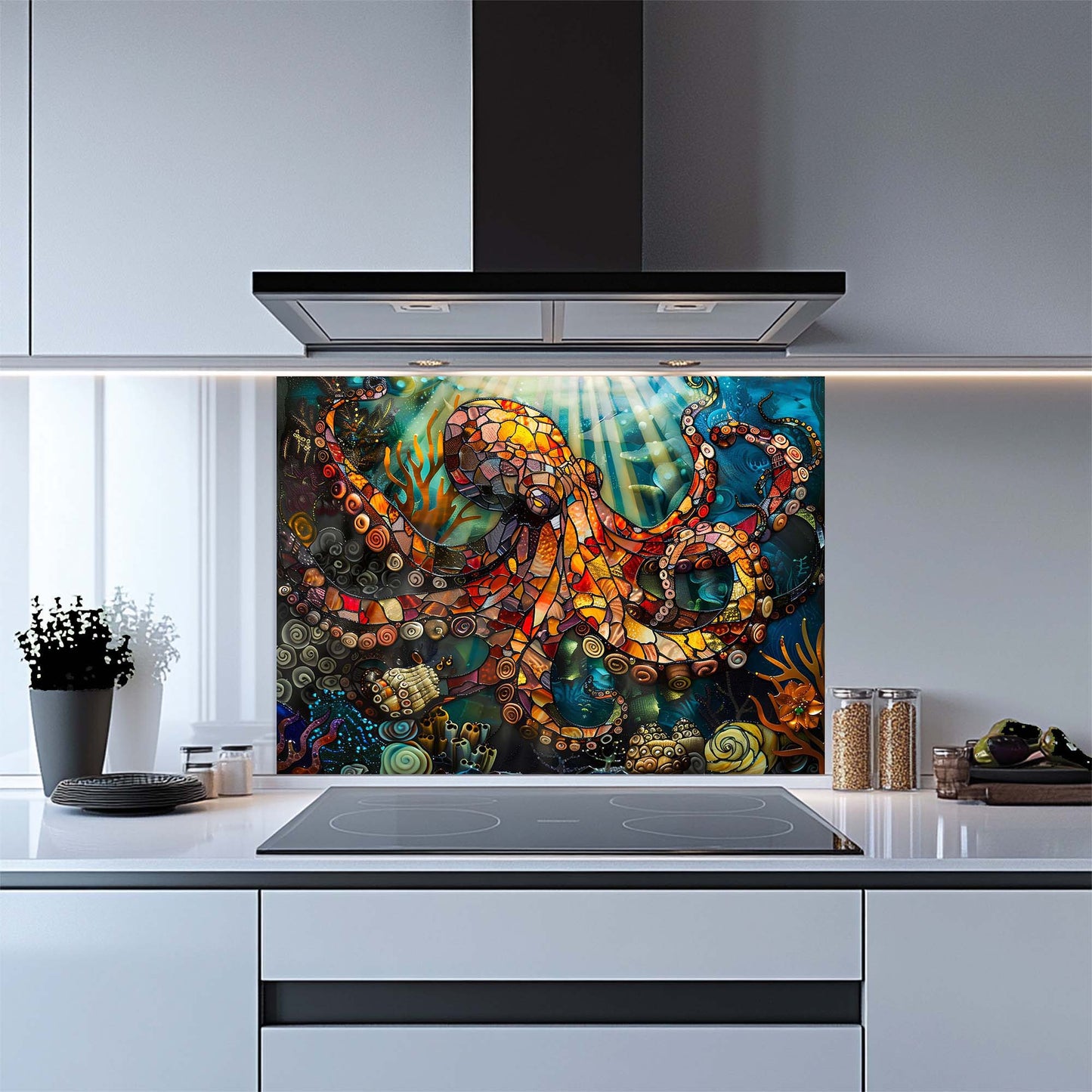Kitchen with a colorful octopus artwork on a glass splashback.