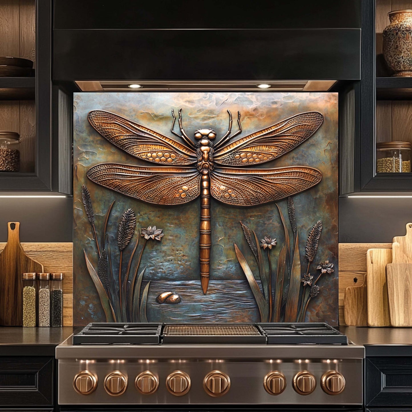 Decorative backsplash with a dragonfly design above a stove in a kitchen setting.