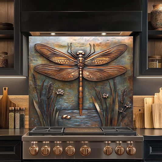 Decorative backsplash with a dragonfly design above a stove in a kitchen setting.