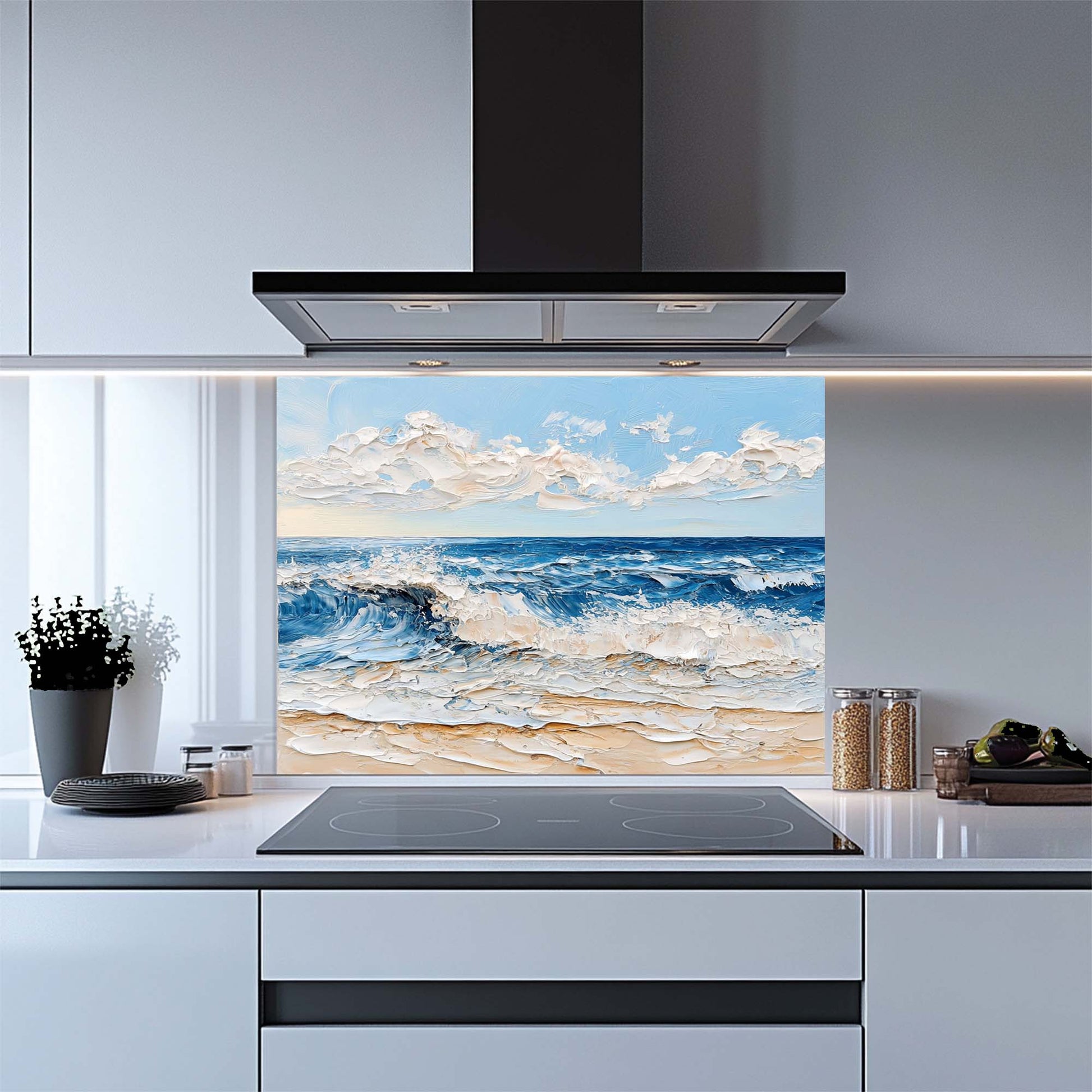 Ocean wave beach design on tempered glass backsplash. Glossy, textured look, easy to clean, custom size backsplash.