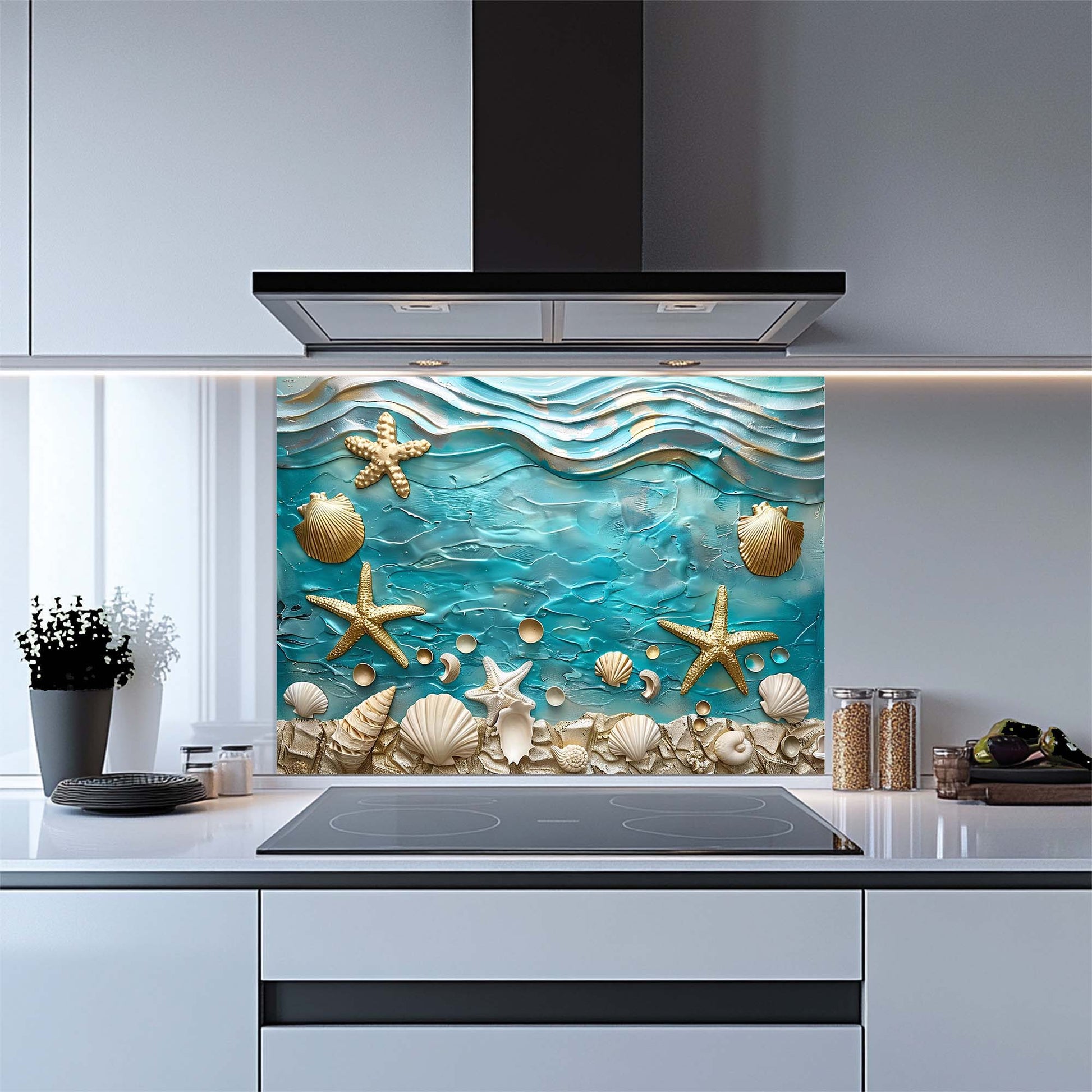 Kitchen with a decorative glass backsplash featuring starfish and shells.