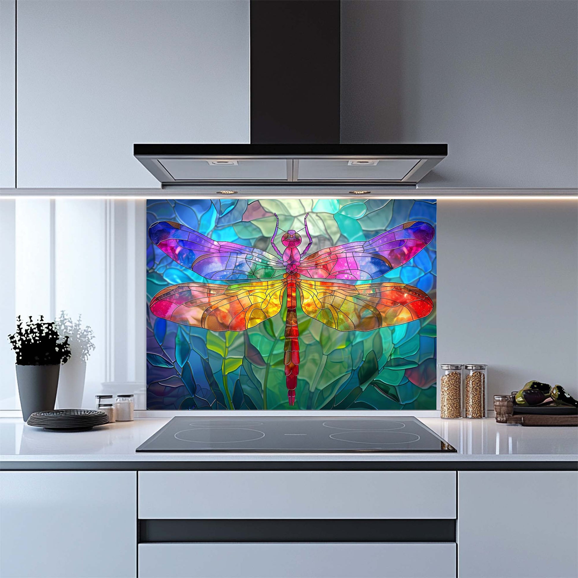 Kitchen with a colorful dragonfly design on a glass splashback.