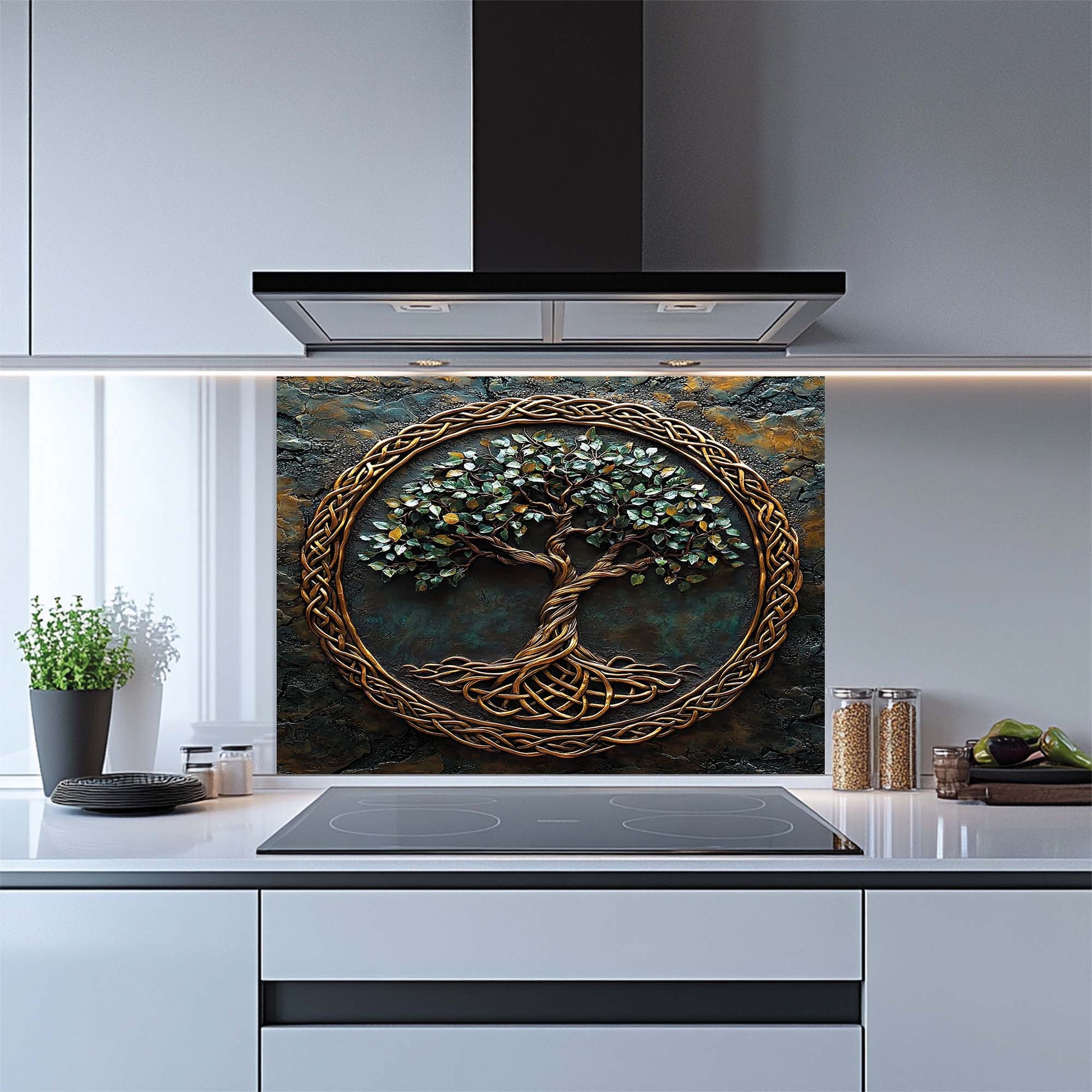 Decorative kitchen backsplash with tree design in a modern kitchen.