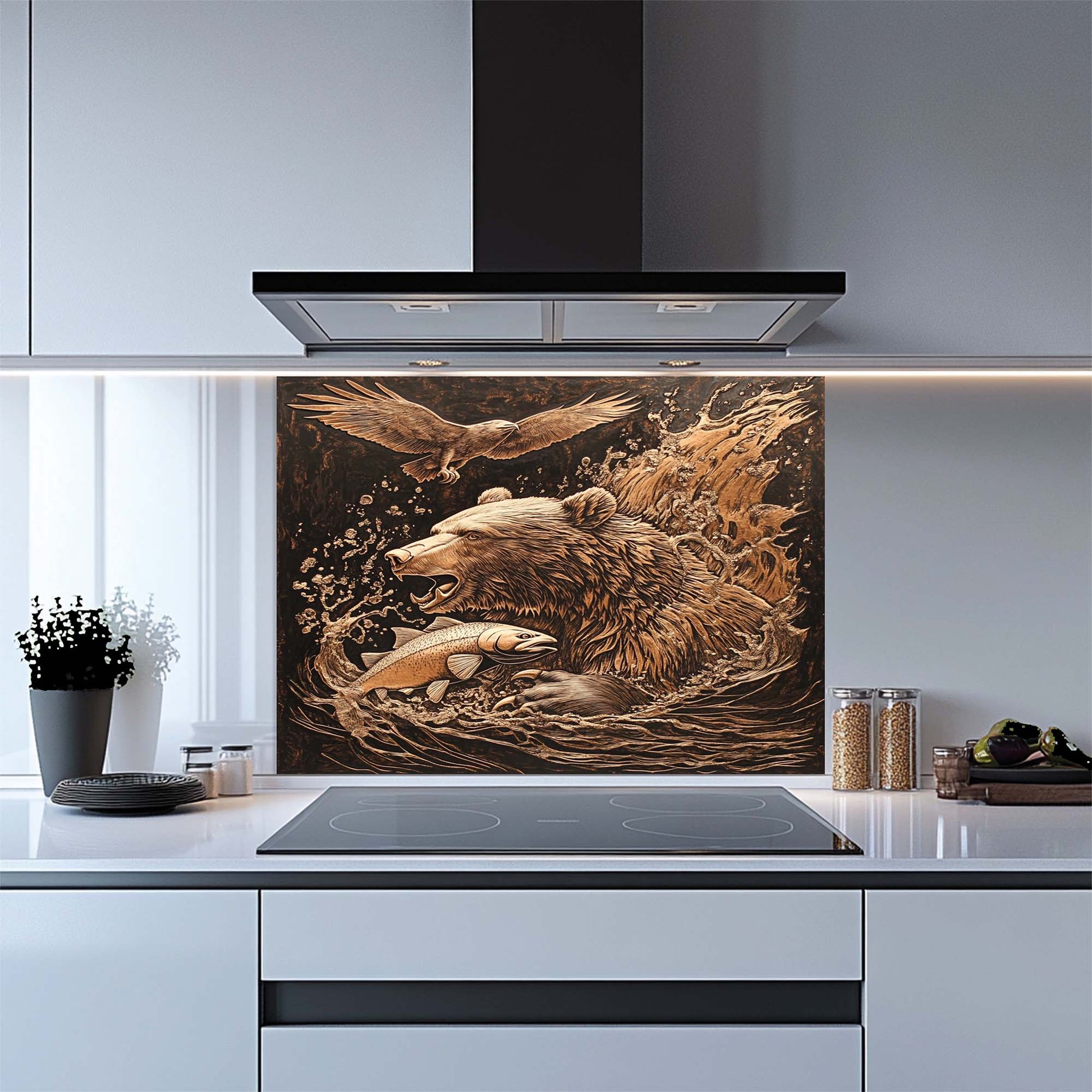 Kitchen with a decorative glass splashback featuring a bear and eagle design.