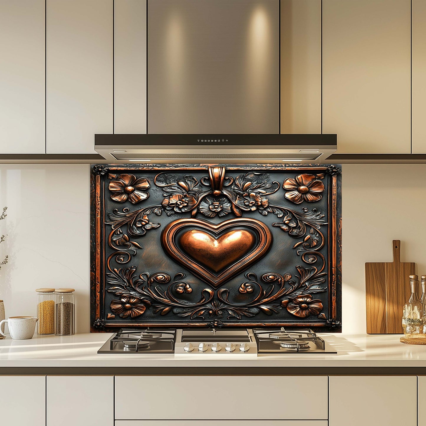 Decorative backsplash with heart design in a kitchen setting
