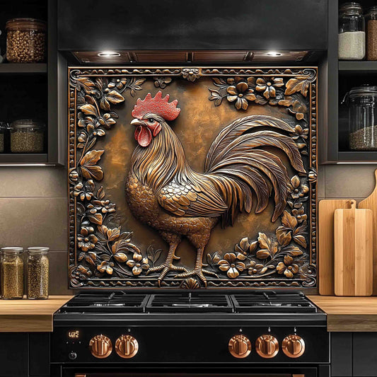 Tempered glass backsplash with a rooster design above a stove in a kitchen.