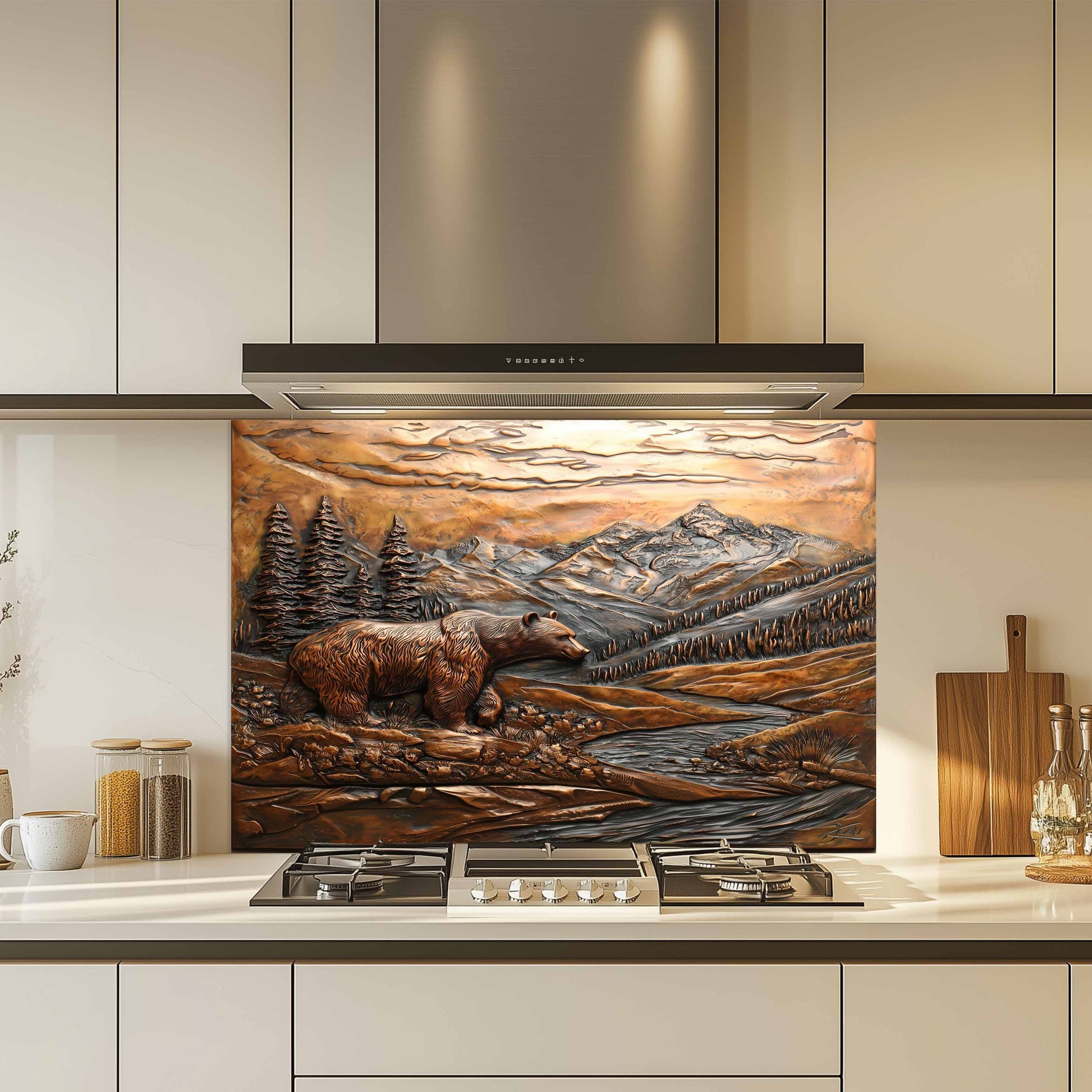 Kitchen with a decorative glass splashback featuring a bear and mountain scene.