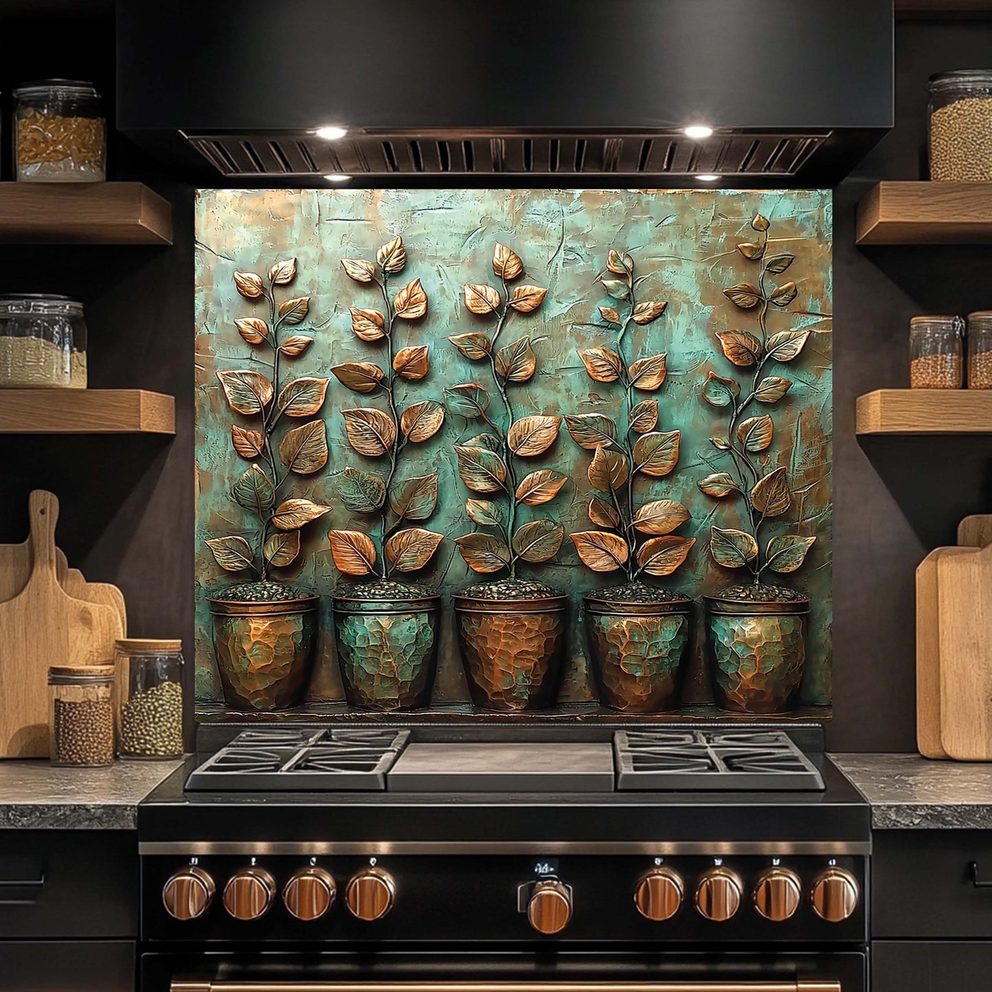 Decorative backsplash with leaf patterns above a stove in a kitchen.