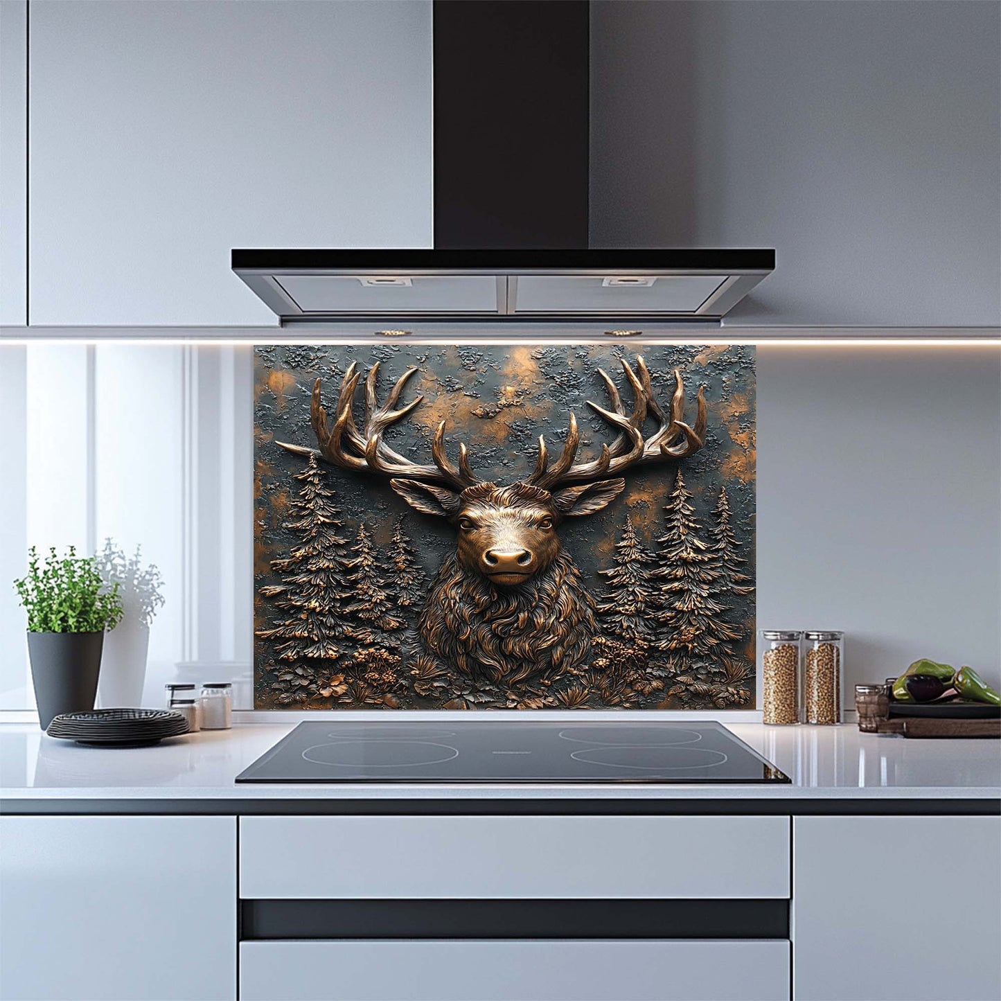 Kitchen with a decorative glass splashback featuring a deer head design.