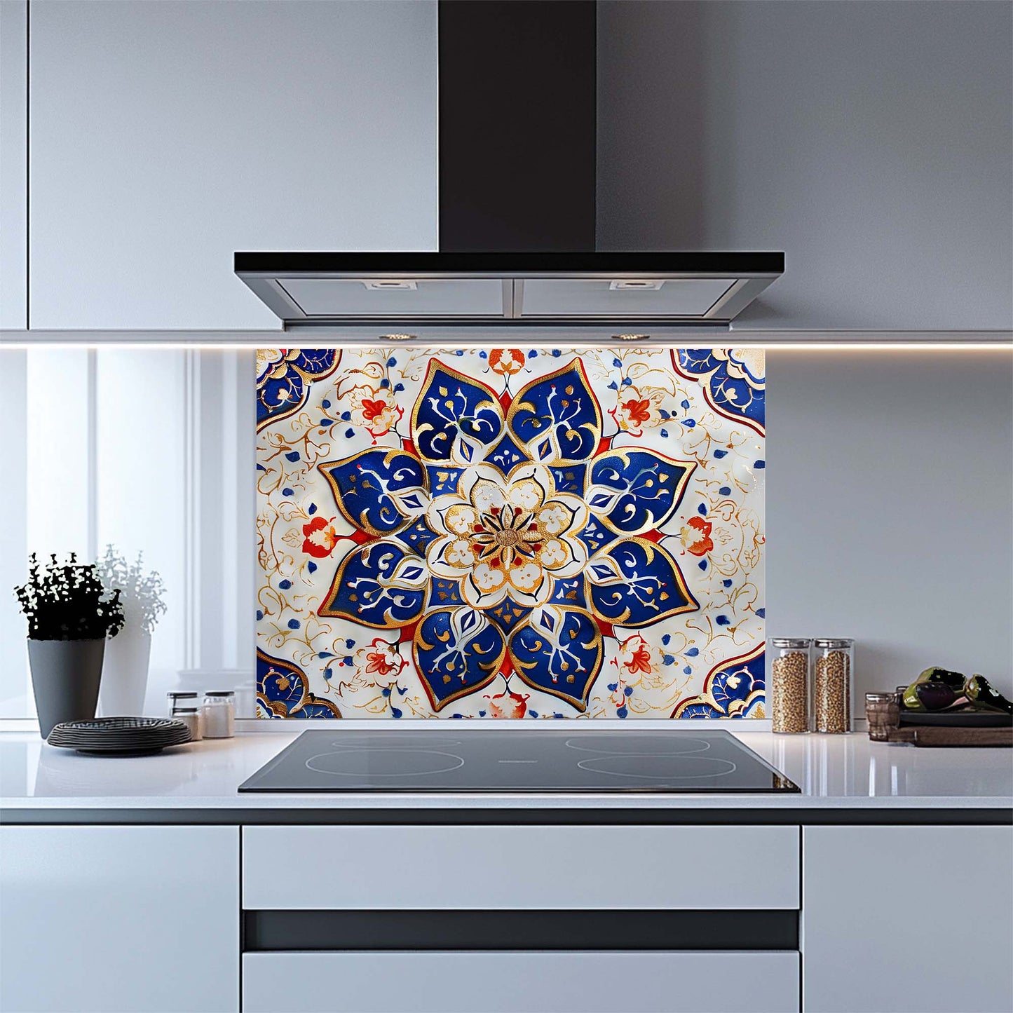 Decorative kitchen backsplash with a colorful mandala design in a modern kitchen.