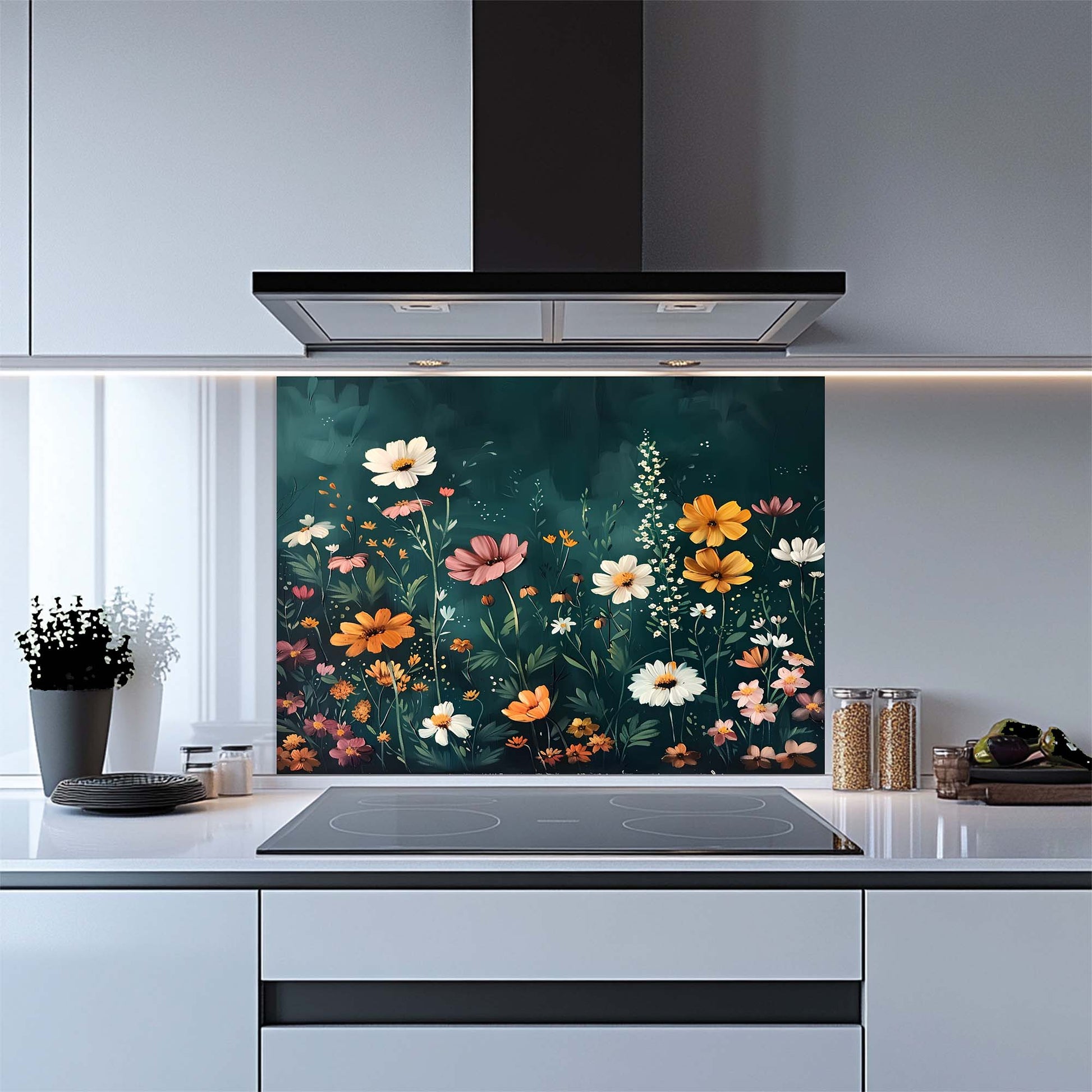 Kitchen with a floral glass splashback panel