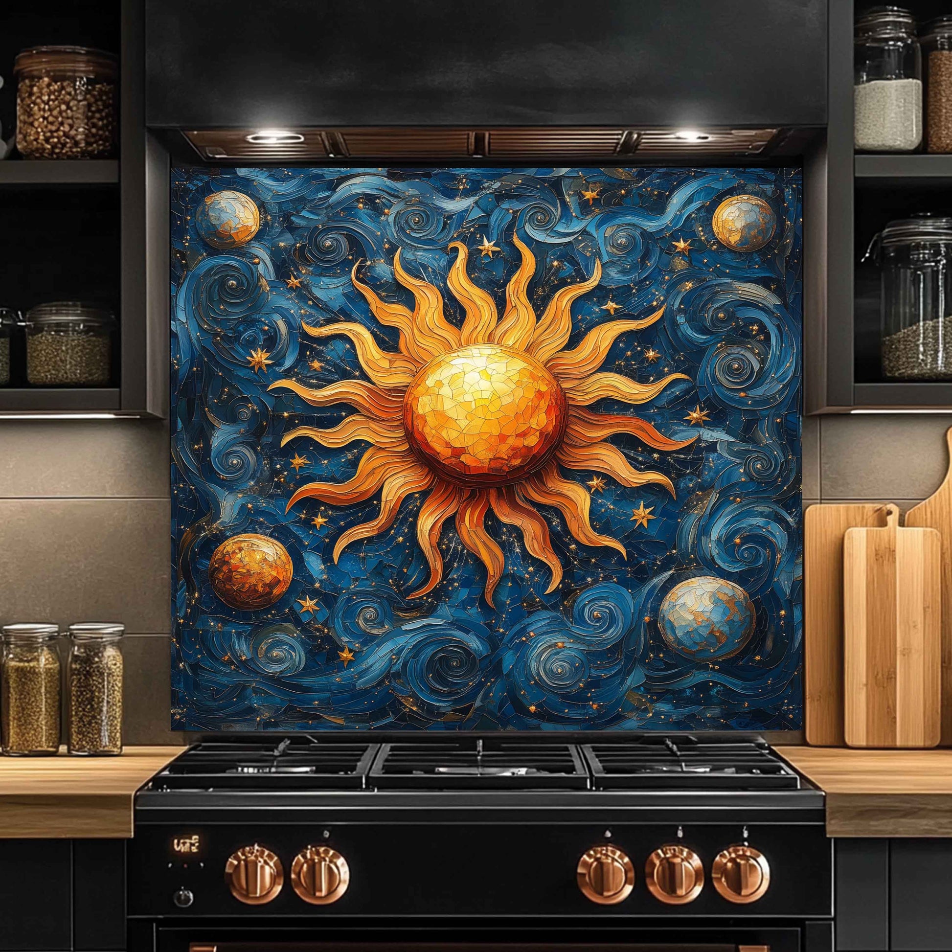 Decorative backsplash with celestial design above a black stove in a kitchen.