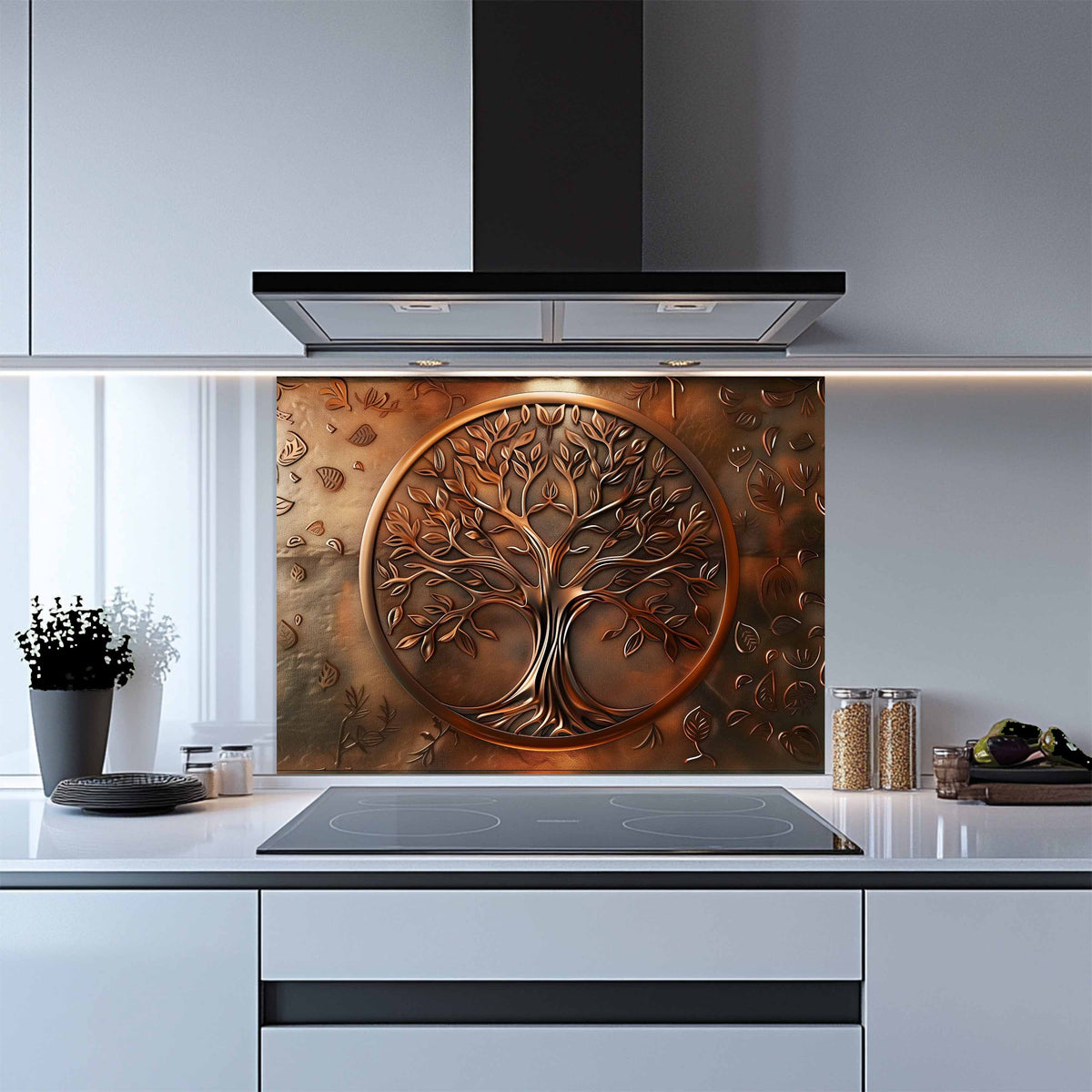 Kitchen with a decorative glass splashback featuring an embossed tree design.