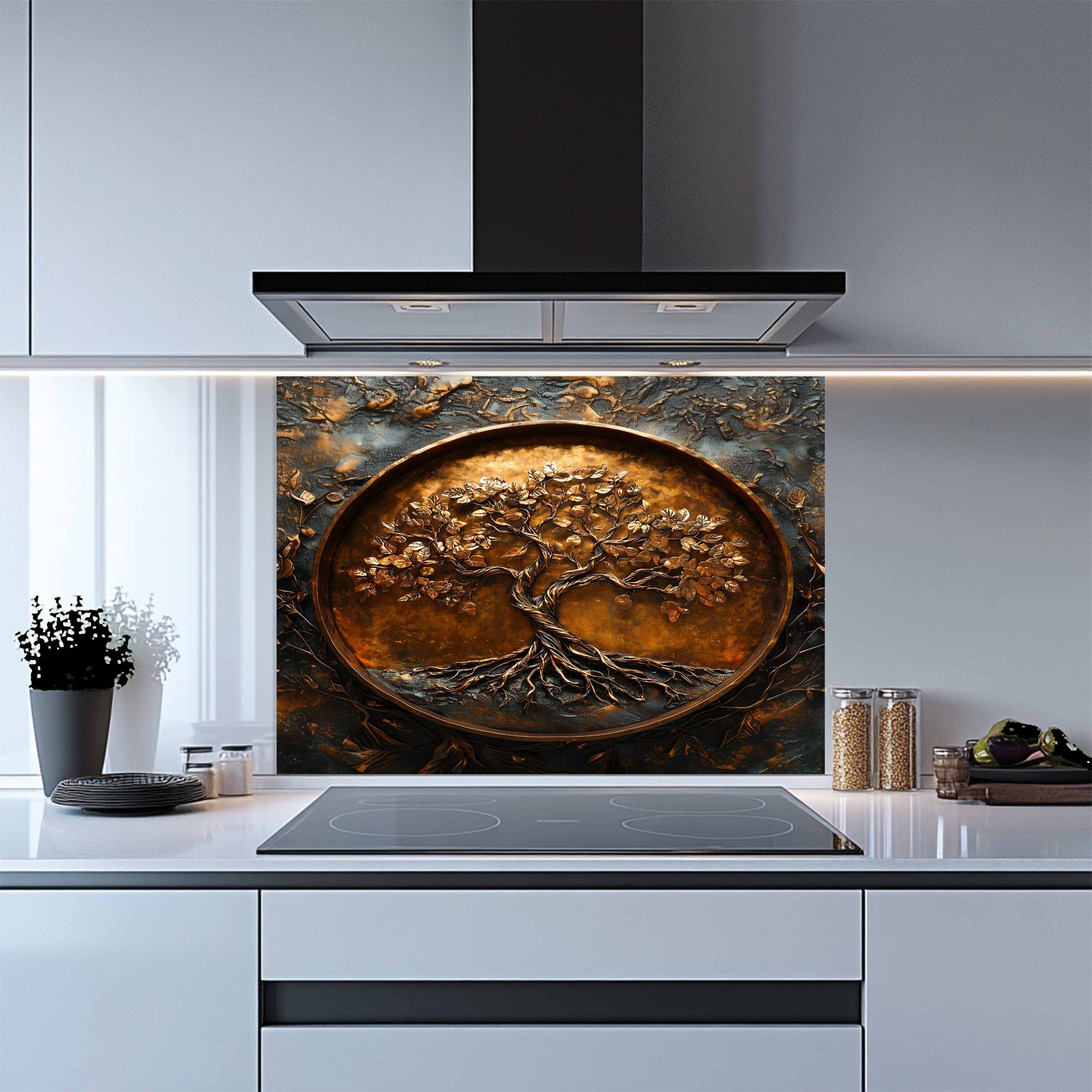 Kitchen with a decorative glass splashback featuring a tree design.