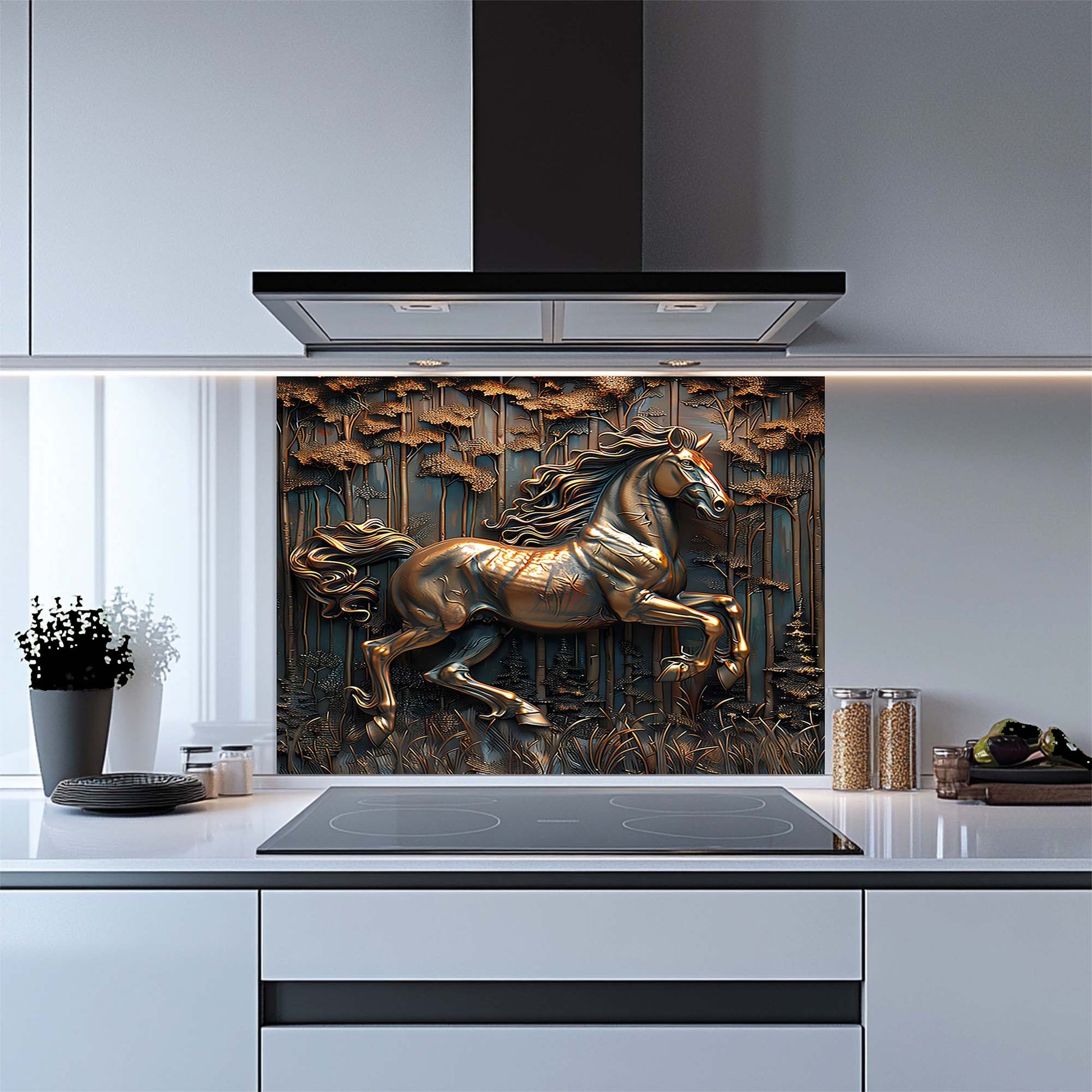 Decorative glass splashback with a horse design in a modern kitchen.