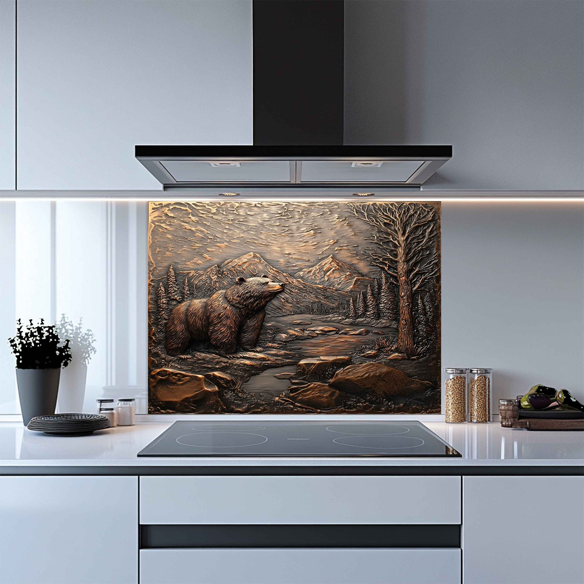 Kitchen with a bear glass backsplash on the wall