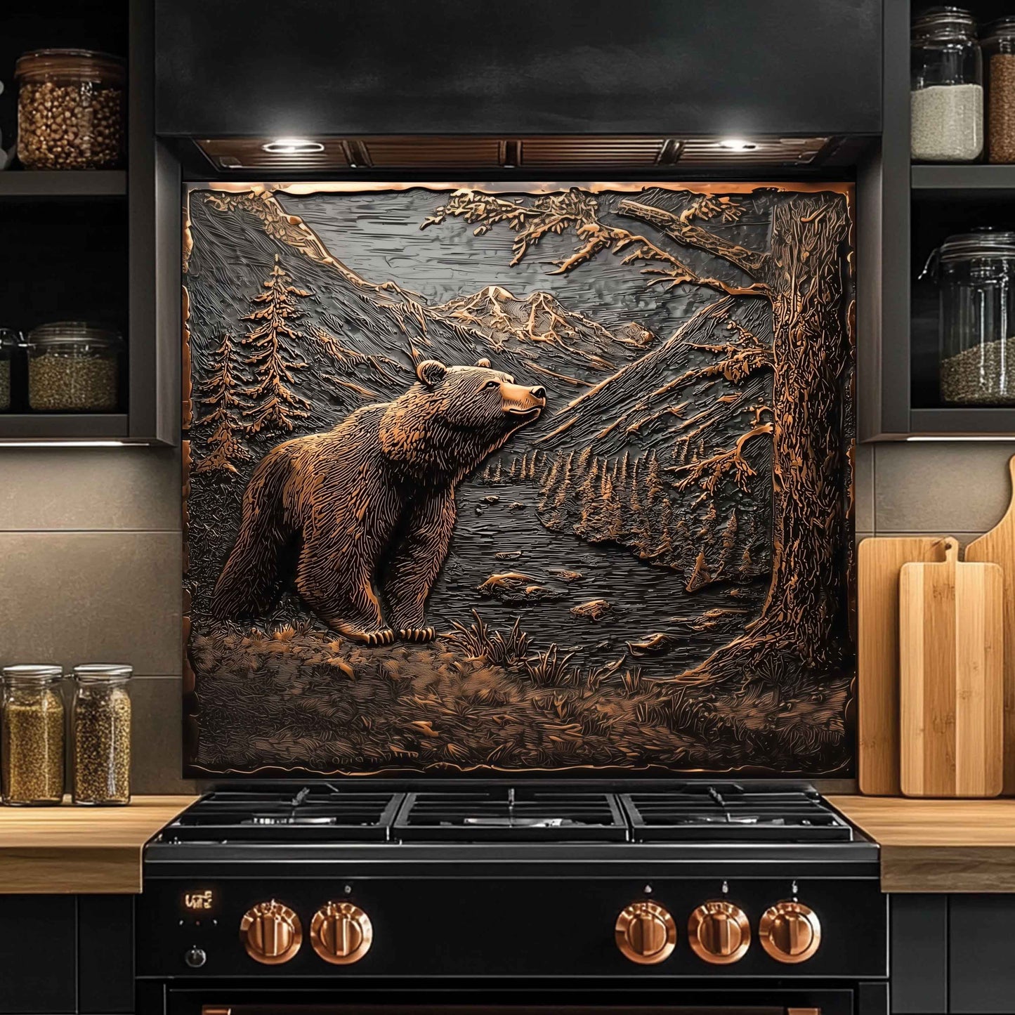 Kitchen with a decorative backsplash featuring a bear and mountain scene above a black stove.