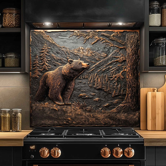 Kitchen with a decorative backsplash featuring a bear and mountain scene above a black stove.