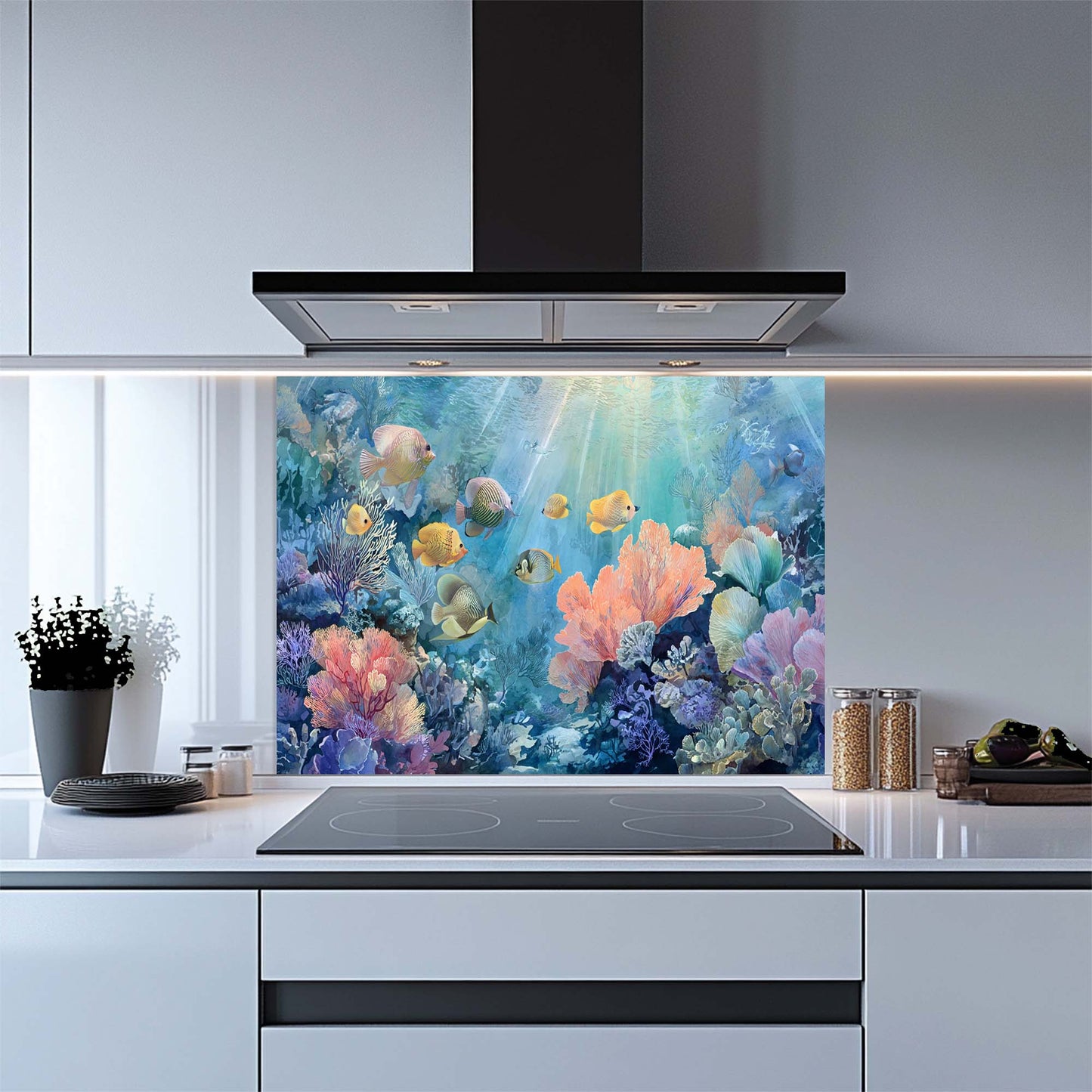 Kitchen with a colorful underwater-themed glass backsplash
