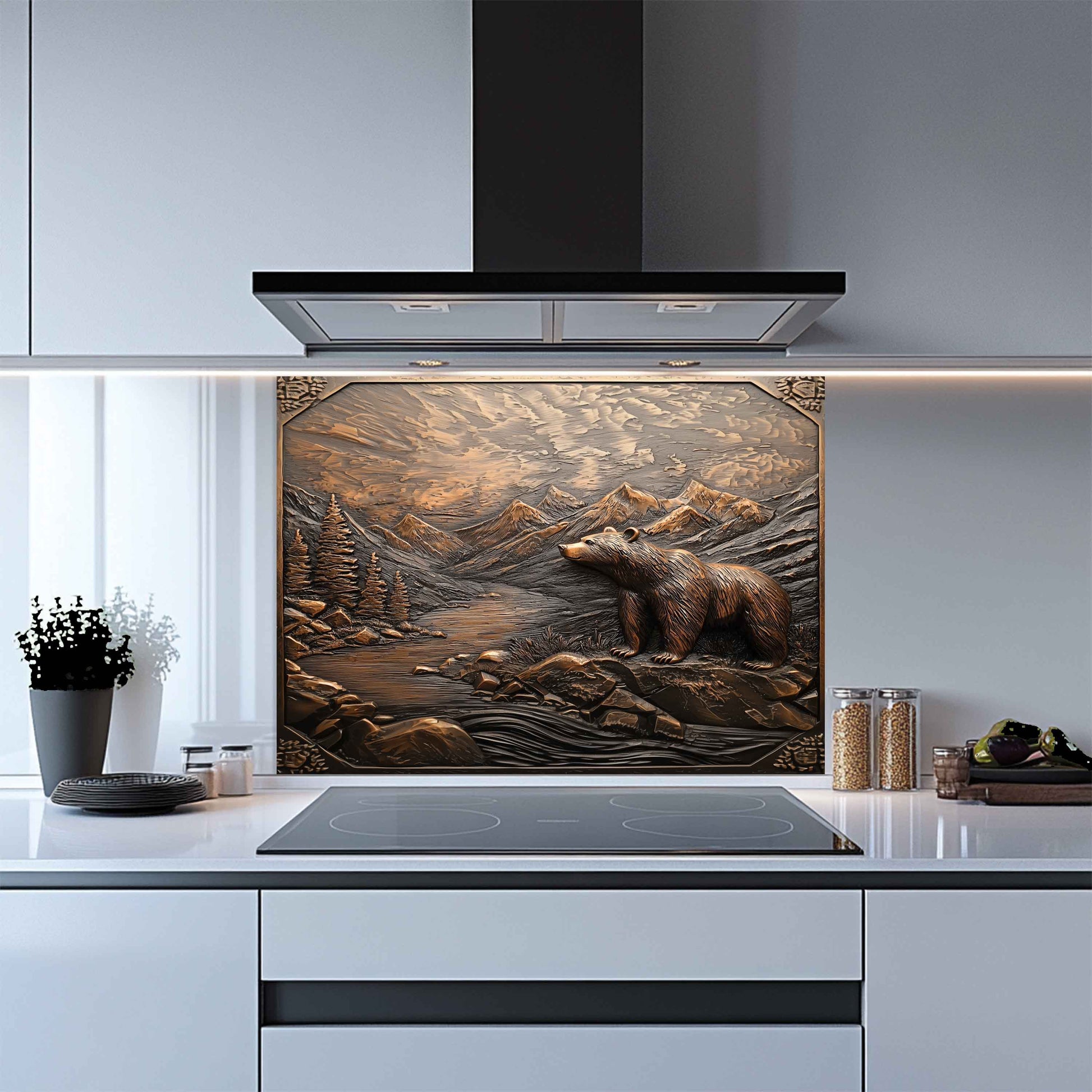 Kitchen with a decorative glass splashback featuring a bear and mountain scene.