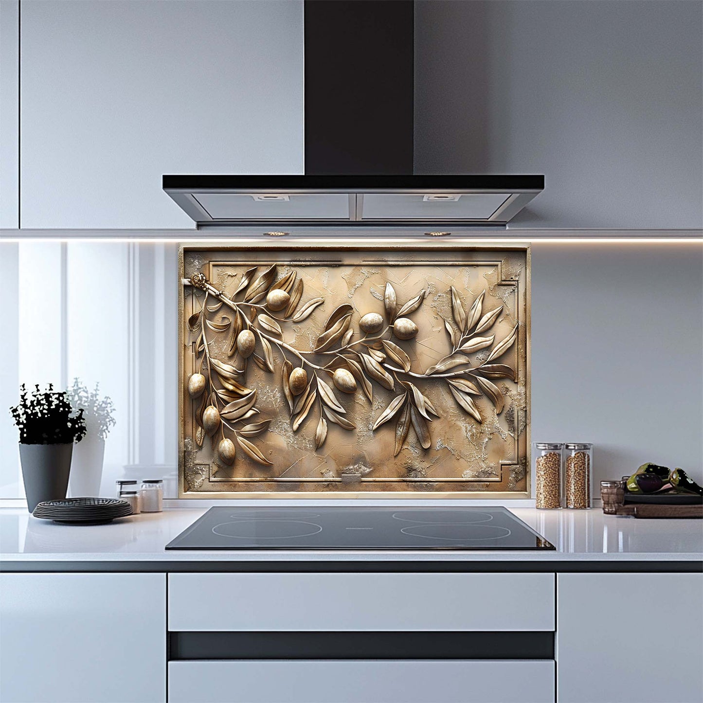 Decorative backsplash with leaf and fruit design in a modern kitchen.
