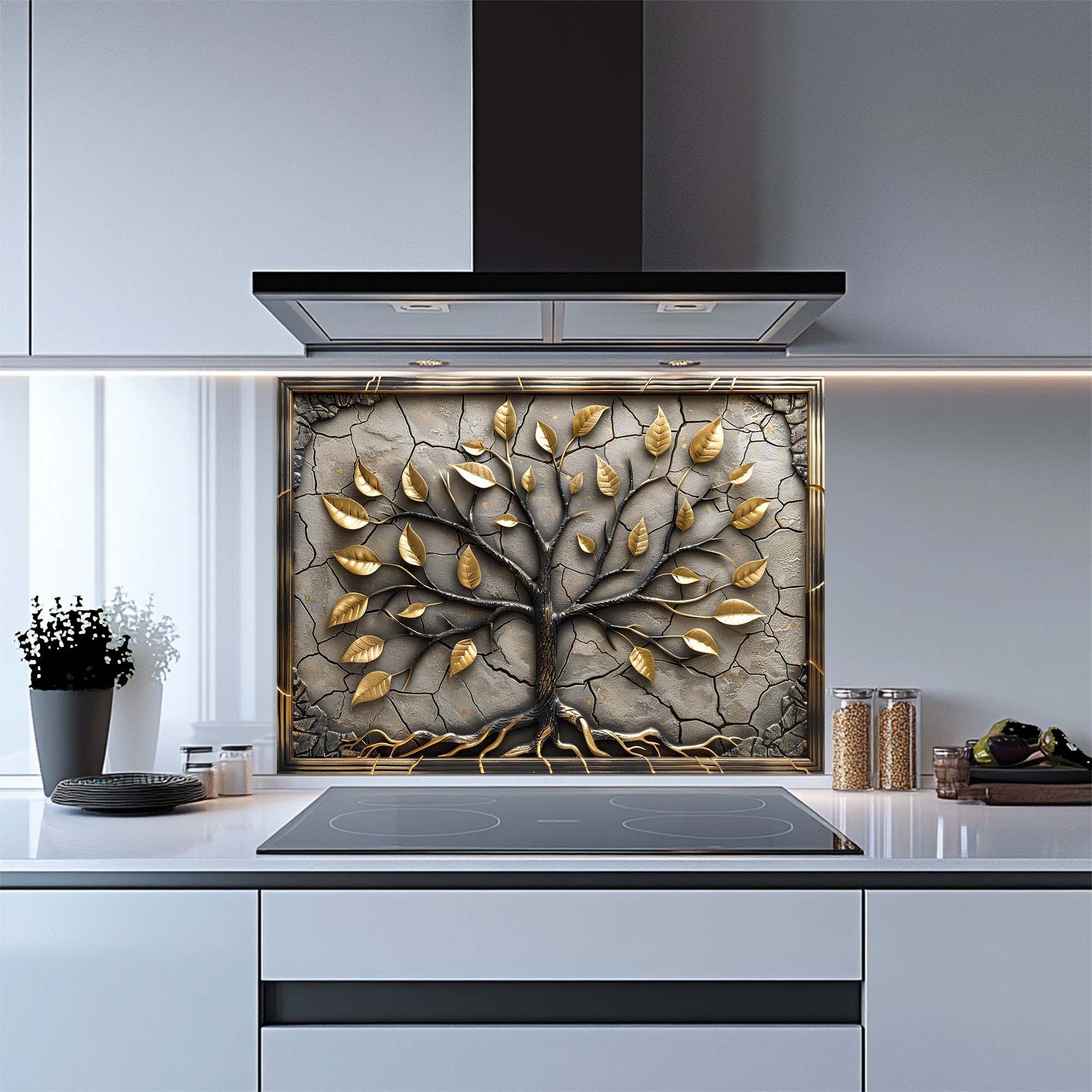 Decorative glass splashback with tree design in a modern kitchen