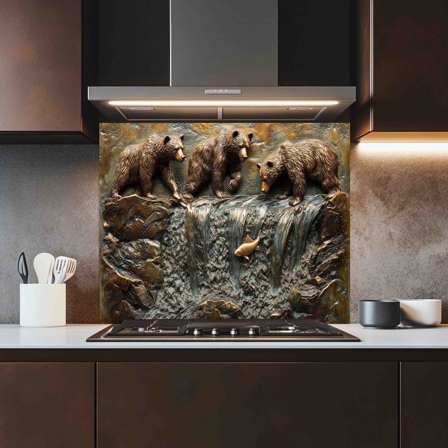 Kitchen with a decorative backsplash featuring three bears and a fish.