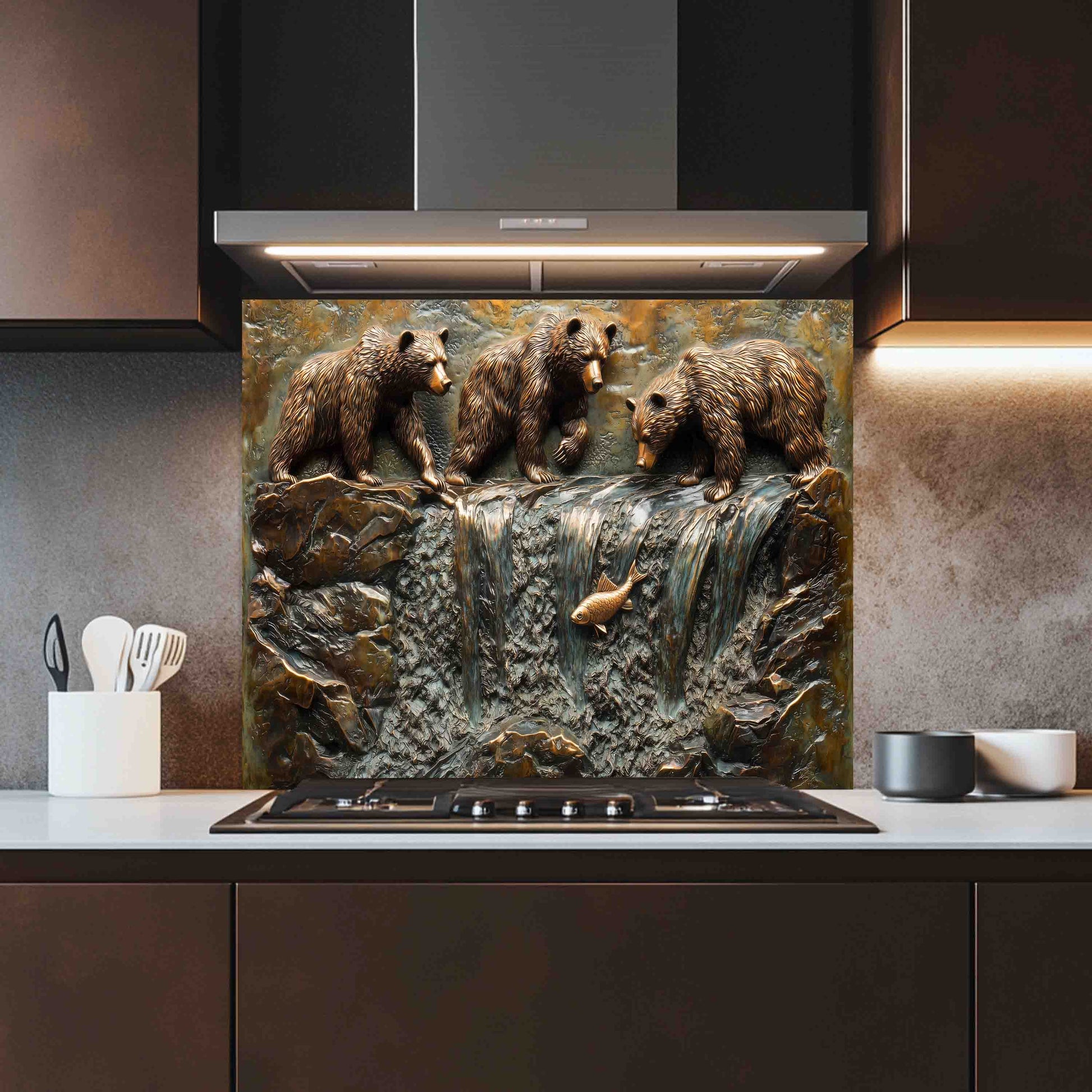 Kitchen with a decorative backsplash featuring three bears and a fish.