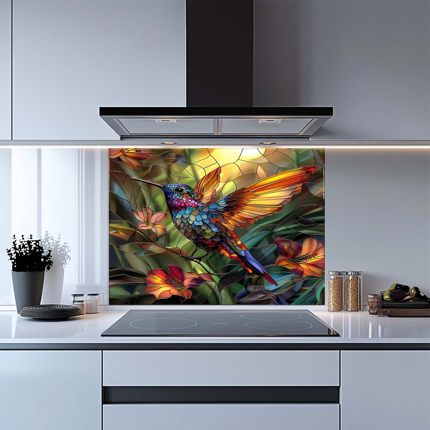 Kitchen with a colorful stained glass-style design on a backsplash