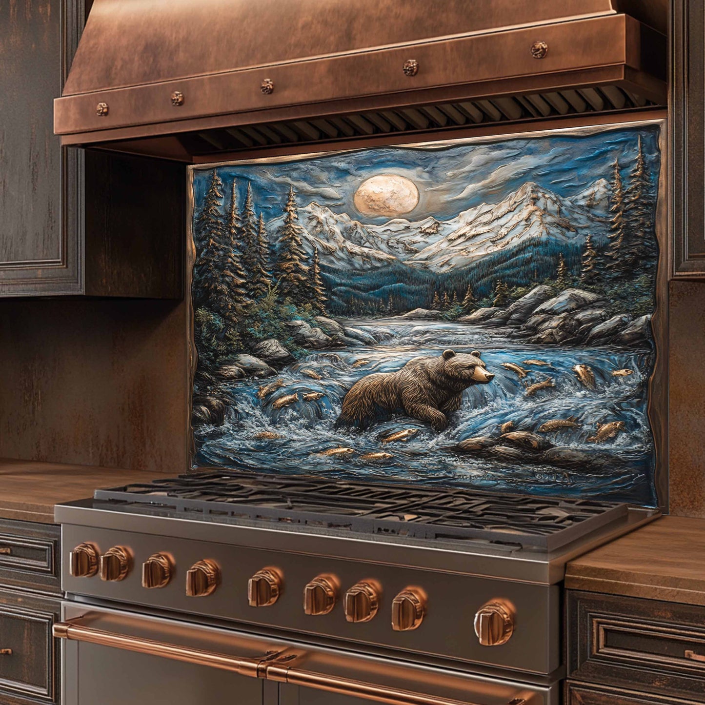 Stainless steel stove with copper accents featuring a bear and fish scene on the back splash.