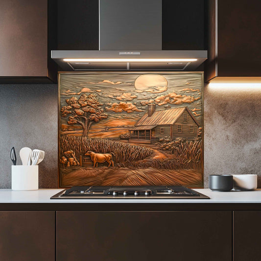 Decorative kitchen backsplash with rustic scene of a cabin and horse.