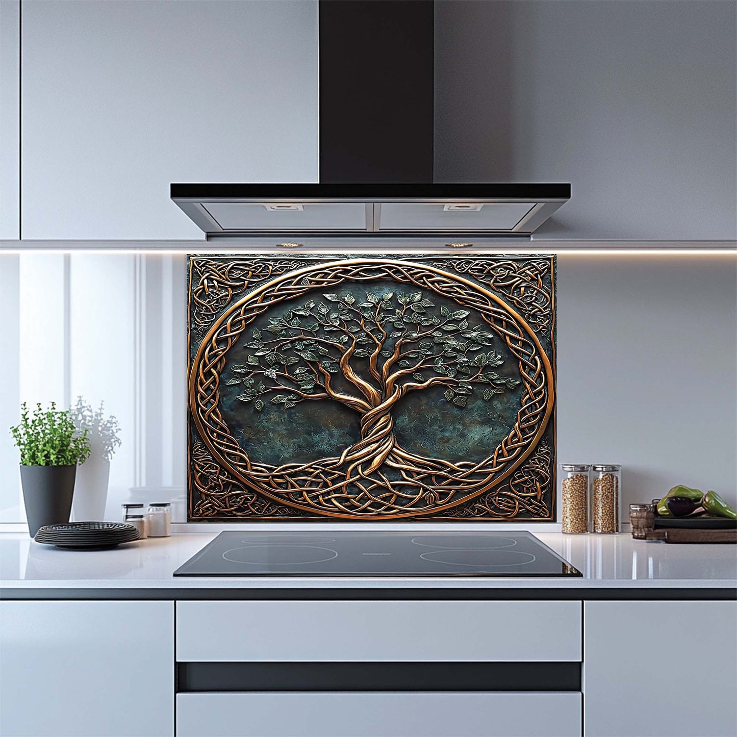 Decorative kitchen backsplash with tree design in a modern kitchen.