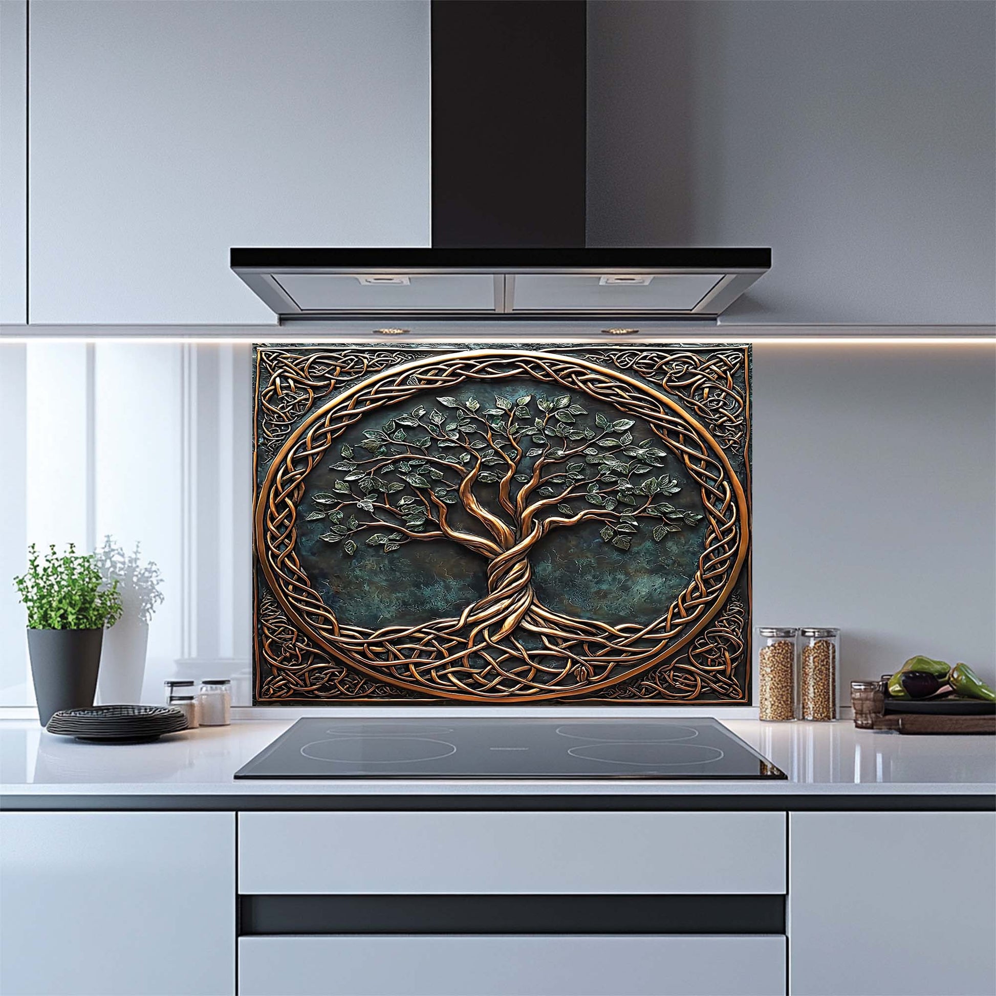 Decorative kitchen backsplash with tree design in a modern kitchen.