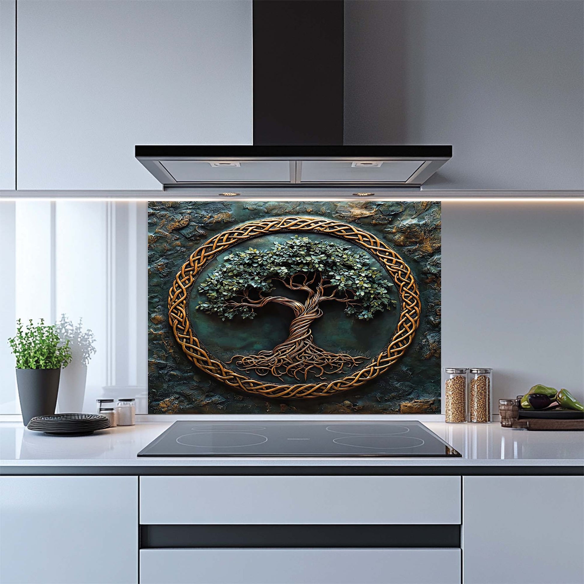 Kitchen with a decorative glass splashback featuring a tree design.