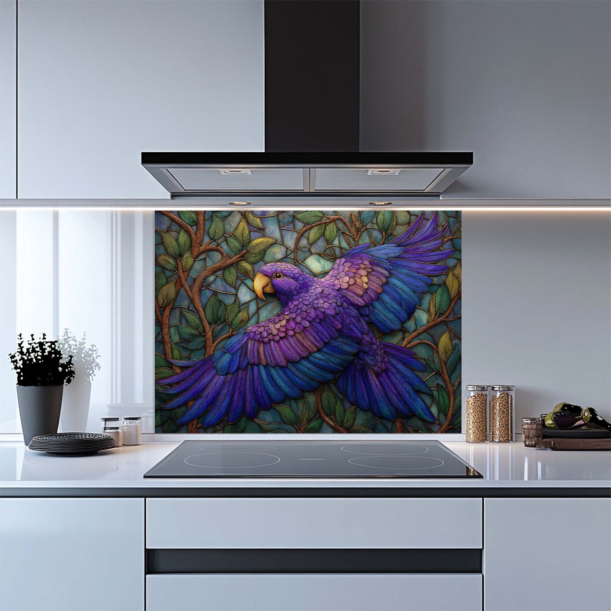 Kitchen with a colorful parrot design on a glass splashback panel.